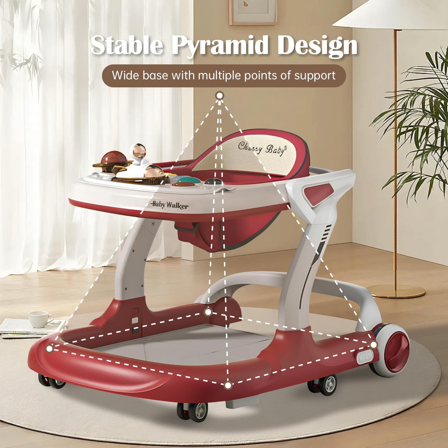 Baby Walker with Wheels Music and Lights with 9 Adjustable Heights Anti-Fall Baby Walker and Bouncer Combo for Boys Girls Babies 6-18 Months (Red and White)