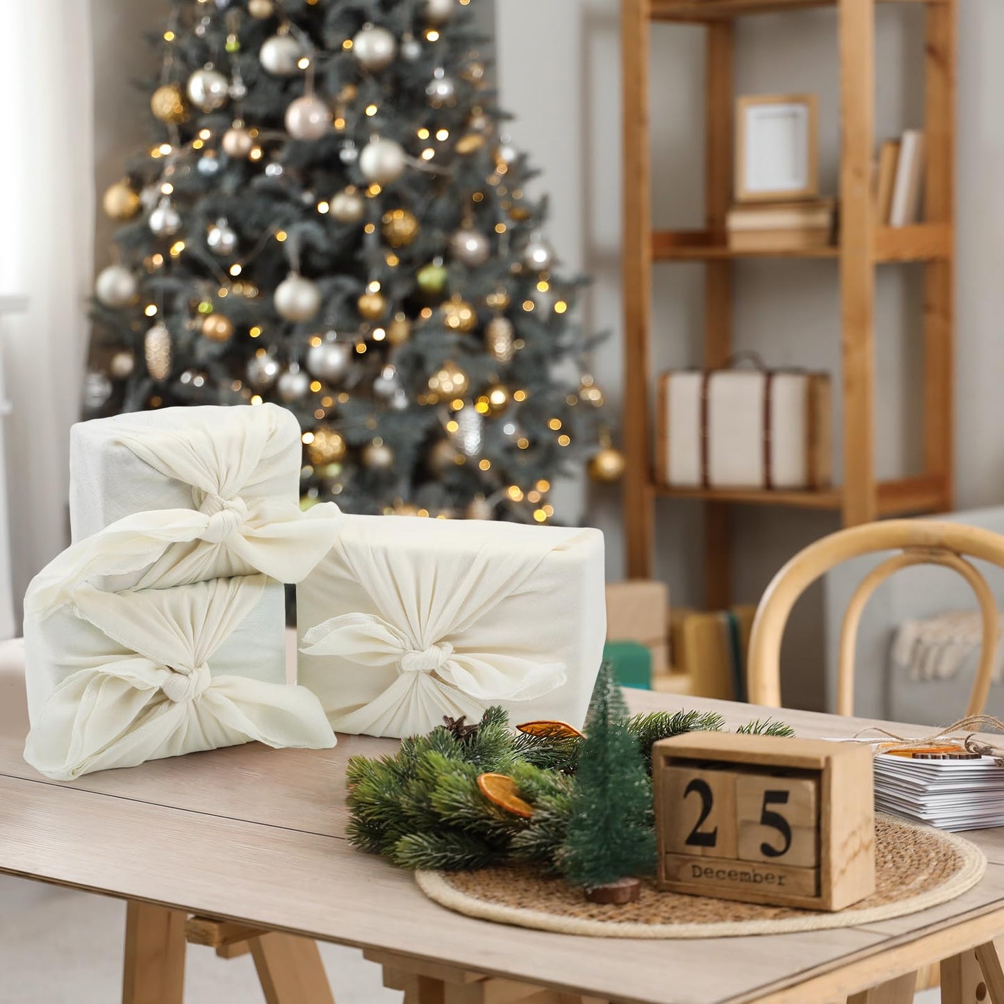Hillsuren 6 Pack 24'' Reusable Gift Wrap Cloth Linen-cotton Gift Wrapping Fabric for Housewarming Furoshiki Gifts Wedding Birthday DIY Crafts Party (Cream White)