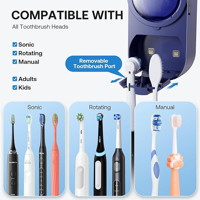Bitvae Upgraded Tooth Brush Holder for Bathroom 2.0, Infrared Sensing Toothbrush Cleaner, Wall-Mounted for Any Size Toothbrushes, Air Drying, LED Smart Screen, Navy Blue