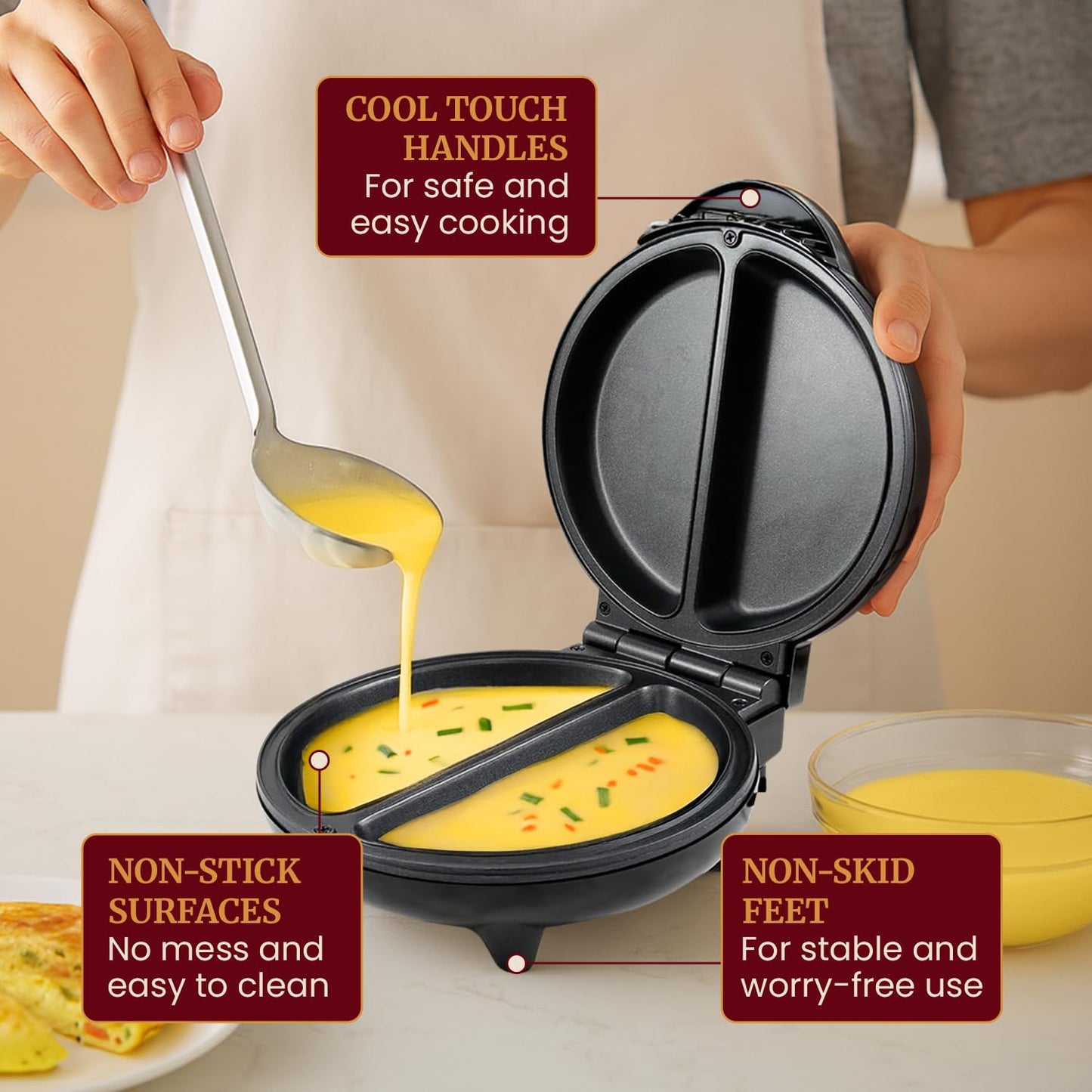 Elite Gourmet EOM205 Non-Stick Omelet Frittata Snack Pocket Maker for 2 Individual 6.5" Omelets, Stainless Steel and Black