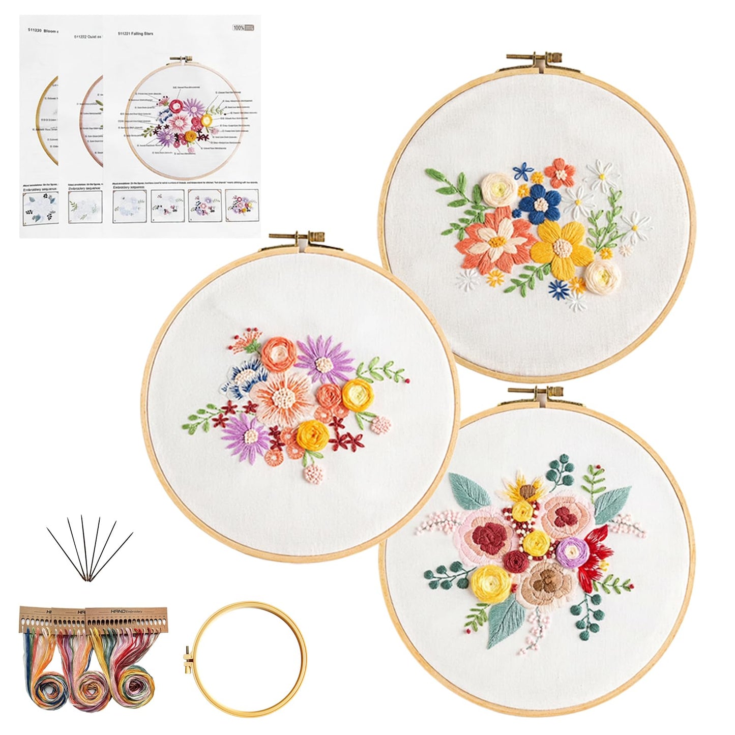 Gmakto Embroidery Kits for Beginners,3 Sets Beginner Embroidery Kit for Adults,Including 3Pcs Embroidery Cloths with Floral Pattern, 1 Pcs Plastic Embroidery Hoops, 3Pcs User Manual(Flower)