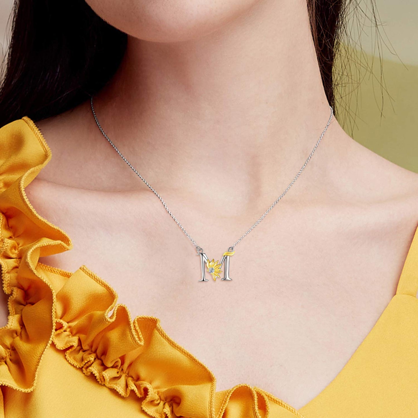 POPLYKE Sterling Silver Initial Alphabet Letter Script Name Pendant Chain Necklace for Women for (Sunflower M)