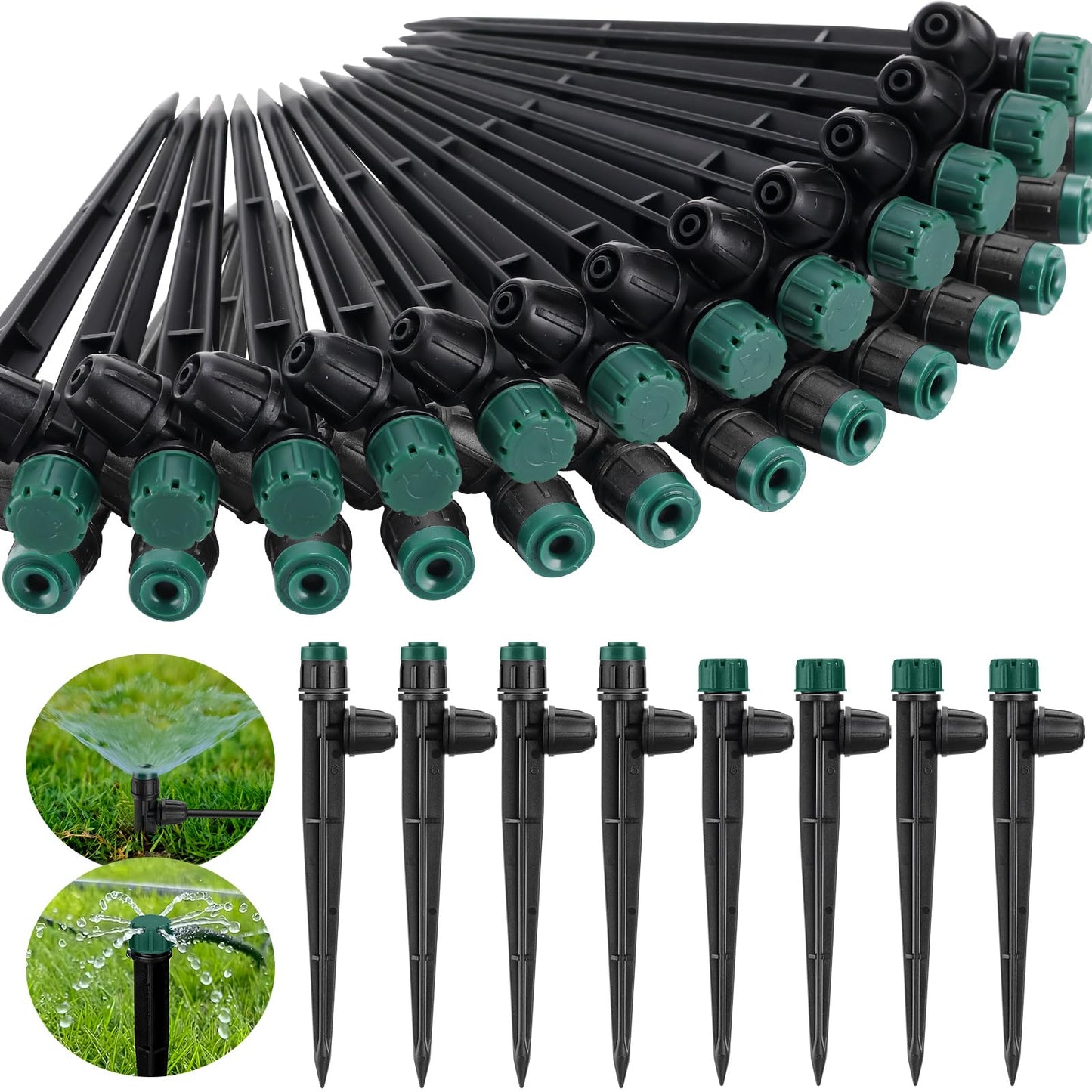Glooglitter 100 Pcs Drip Irrigation Emitters for 1/4" Tubing 50 Micro Irrigation Emitters Sprayer 50 Adjustable 360 Degree Water Flow Drippers for Garden Irrigation System(Green, Latch)