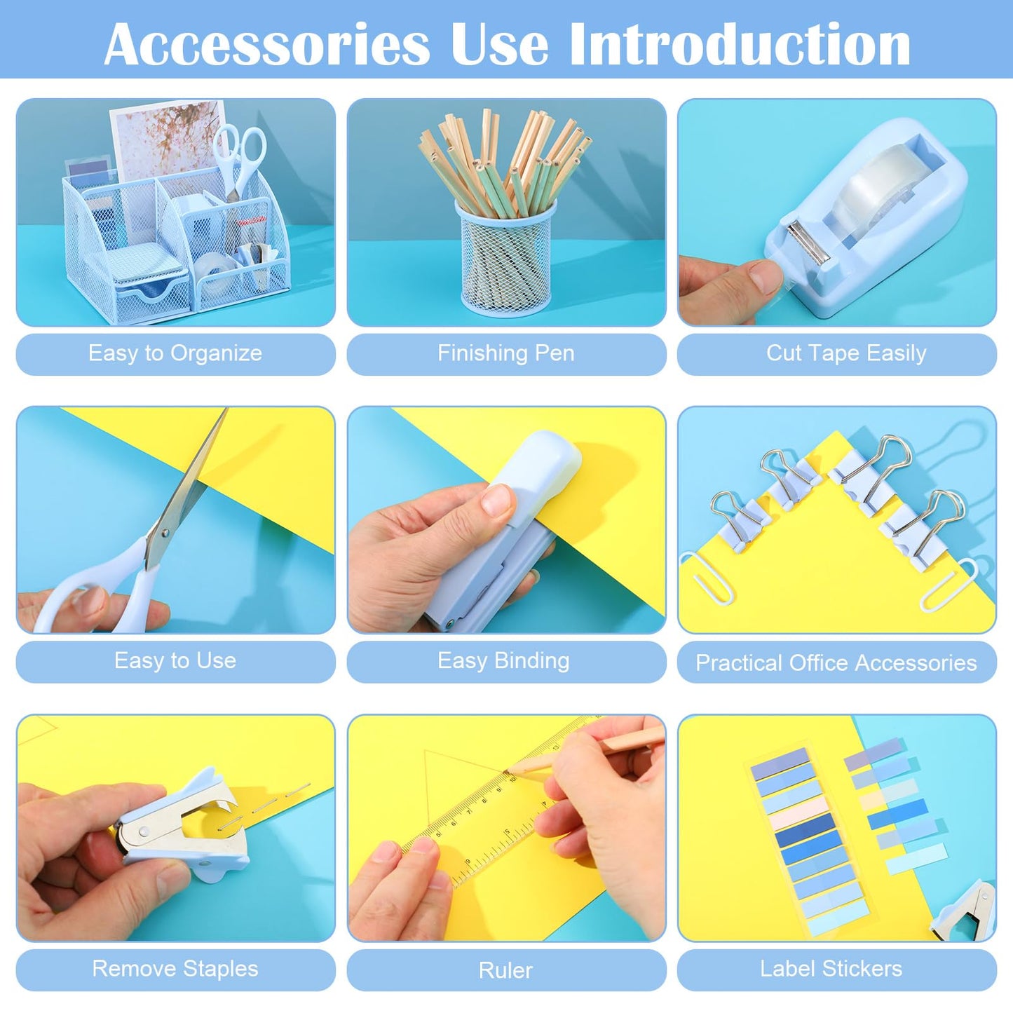 11 in 1 Blue Desk Organizer and Accessories, Blue Desk Accessories Light Blue Office Supplies Include Blue Stapler Blue Tape Dispenser Pen Holder Staple Remover Clips Ruler Scissors Tapes Tabs