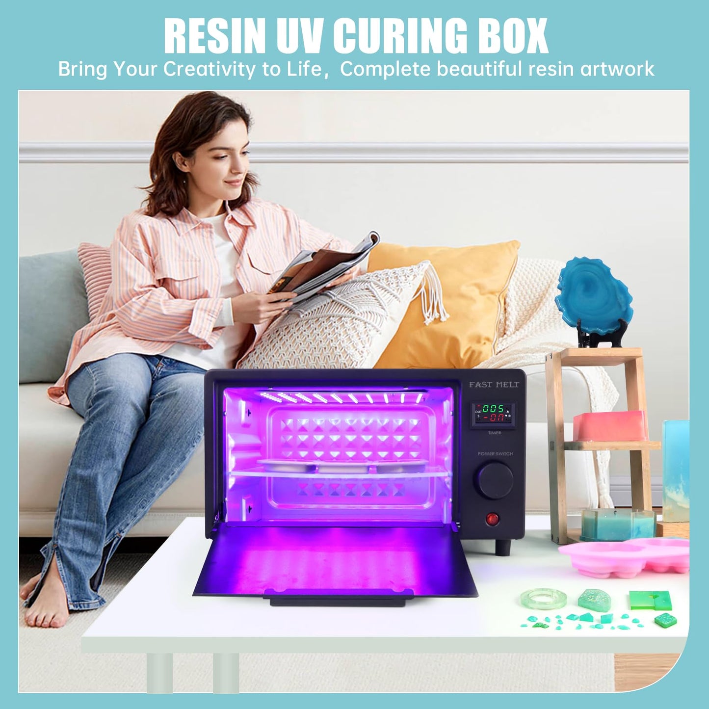 FAST MELT UV Resin Curing Box, 395nm UV Curing Light Station with 36 LED Beads, Auto UV Curing Resin Dryer Timer Setting Digital Display(S/M/H) wit Tray, UV Light for Craft|Jewelry Making|DIY Decor
