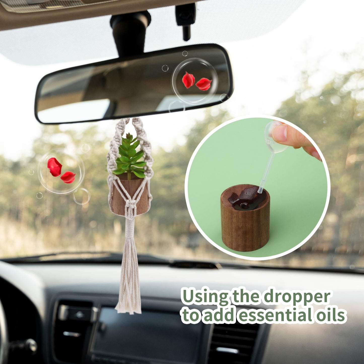 GAGILAND 2 Pack Car Mirror Hanging Accessories Mini Macrame Crochet Plant Car Air Freshener with Wooden Essential Oil Diffusers Reusable Cute Boho Plant for Rear View Mirror Home Office Decor