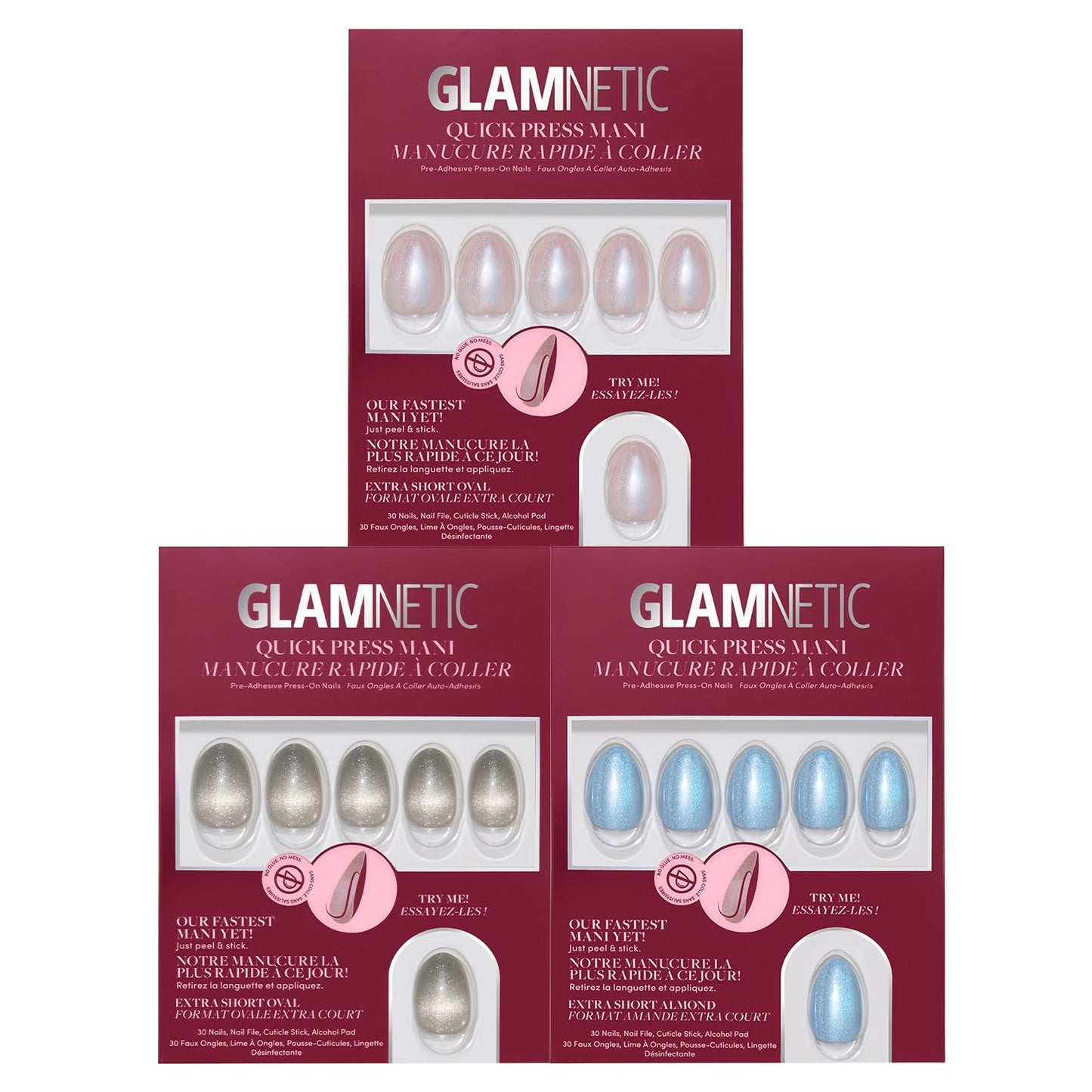 Glamnetic Quick Press Mani Bundle - No Glue Press On Nails, Just Peel and Stick | Nude Glazed, Sparkly Moss & Ocean Prism | Mess Free Salon Quality Stick On Nails | Oval & Almond Extra Short Nails
