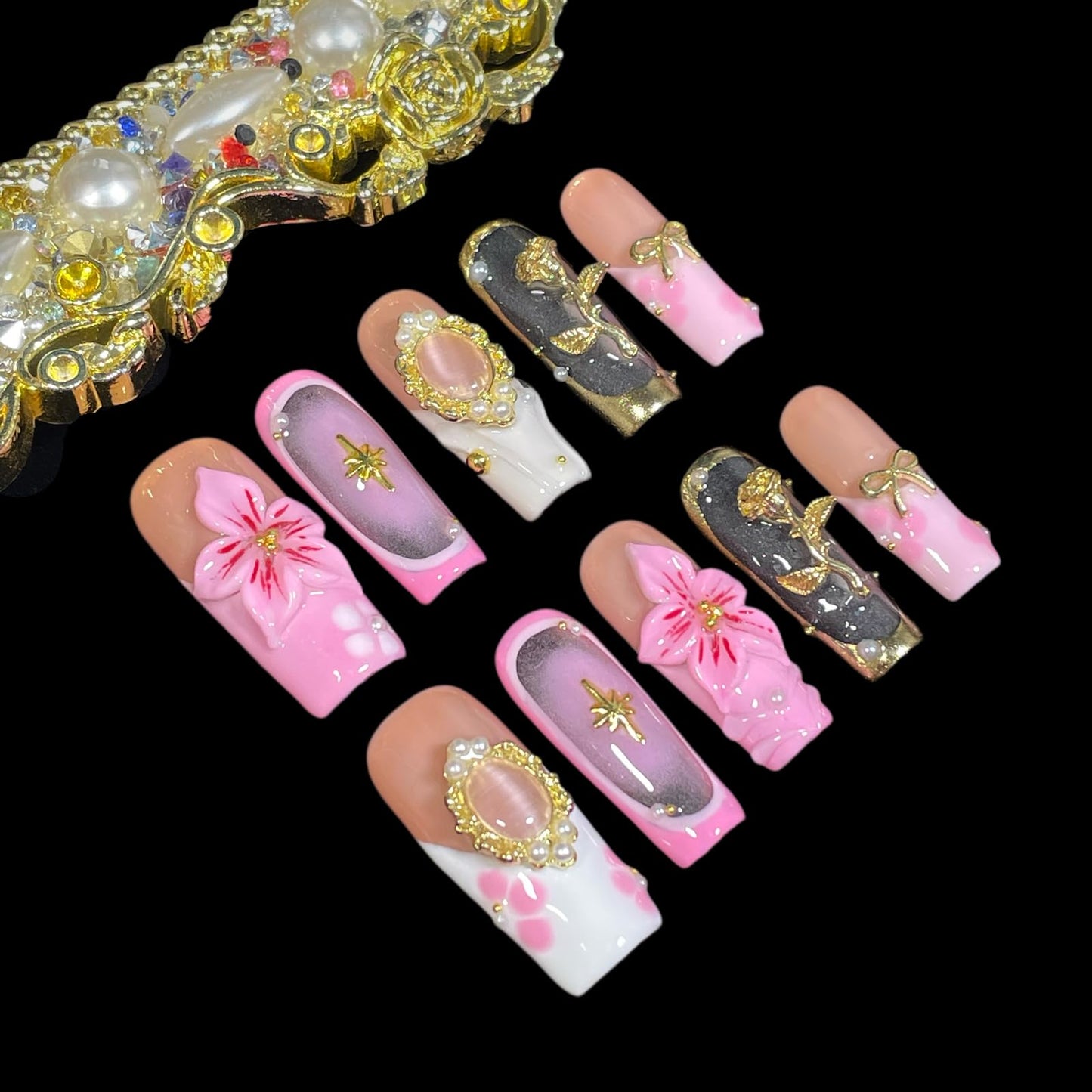 Handmade Press on Nails 3D Floral - Pink Nude Vintage Gold Rose & Pearl Design, Medium Long Square False Nails Reusable Acrylic Fake Nails (Mist Pink, S)