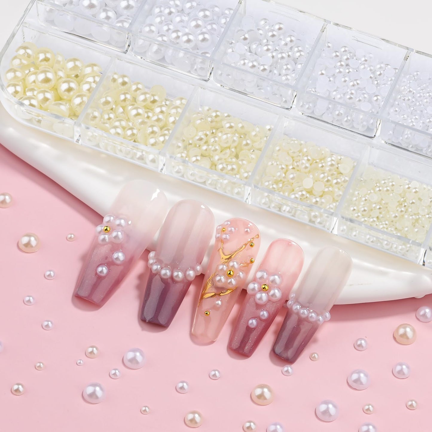 2100Pcs Flatback Nail Pearls Gems, 1.5-5mm White Beige Beads Half Round Nail Charms Beads with Pickup Pencil and Tweezers for Crafting Face Hair Manicure (11-K1-half-pearls-beige-white)