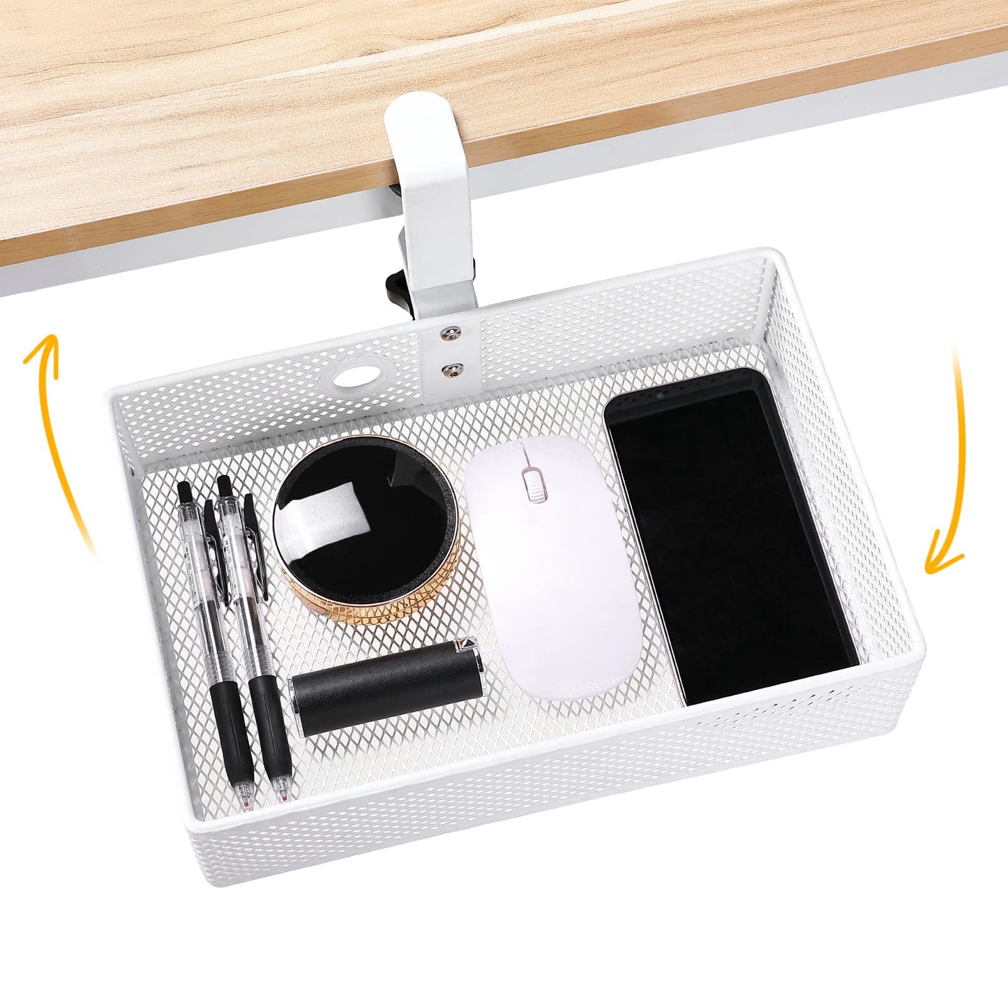 Euyona Mesh Desk Organizer and Clamp-on Swivel Pencil Drawer, Desk Hidden Desk Organizer Extra Sturdy C-Clamp Mount System and Easy to Instal, Home Office Art Supply Storage Box (White)