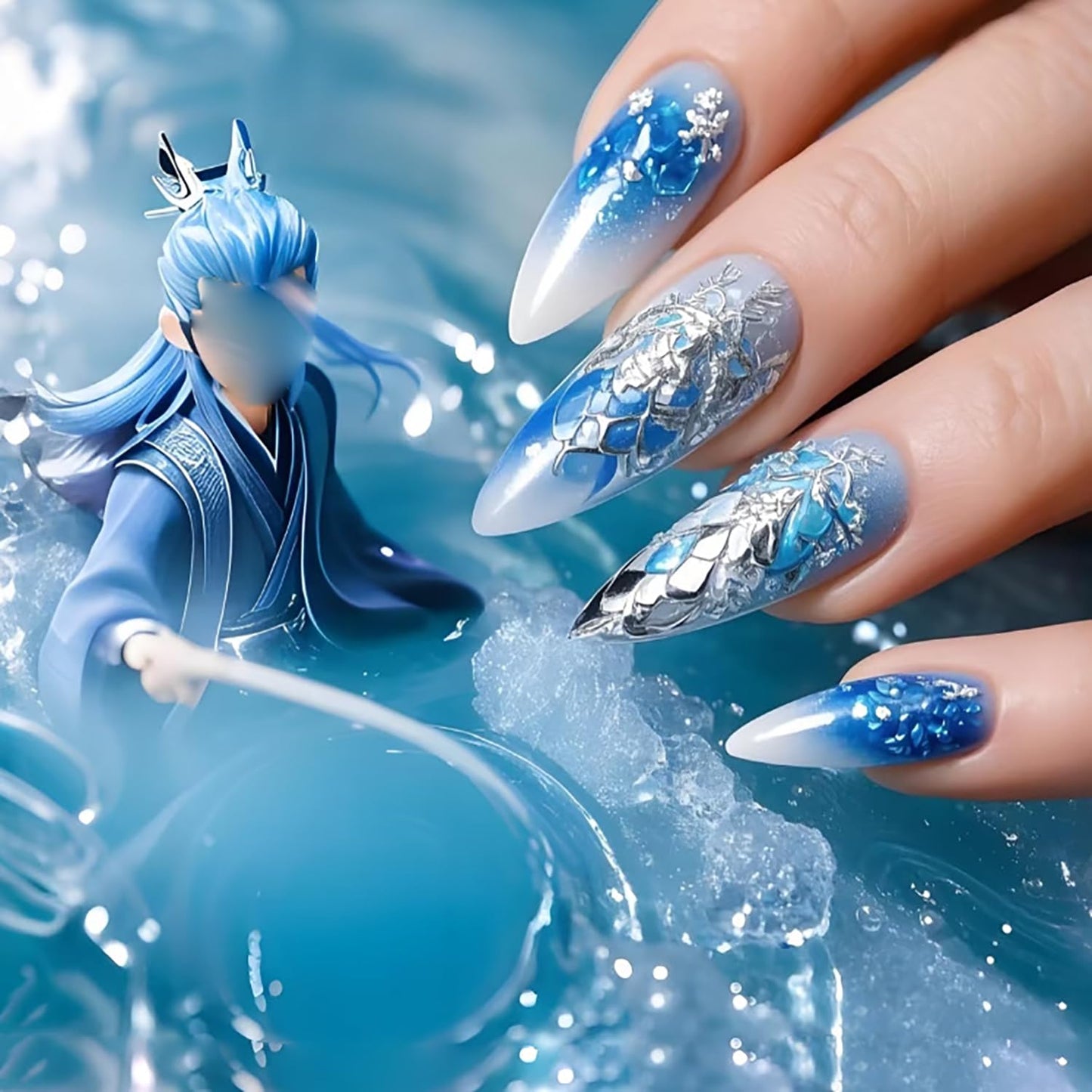 CJDLTS Almond press on Nails Medium Length White Blue Gradient False Nail Dragon Scale Pattern Design Full Cover Artificial Acrylic Nail Press Ons Reusable Stick on Nails for Women 24Pcs