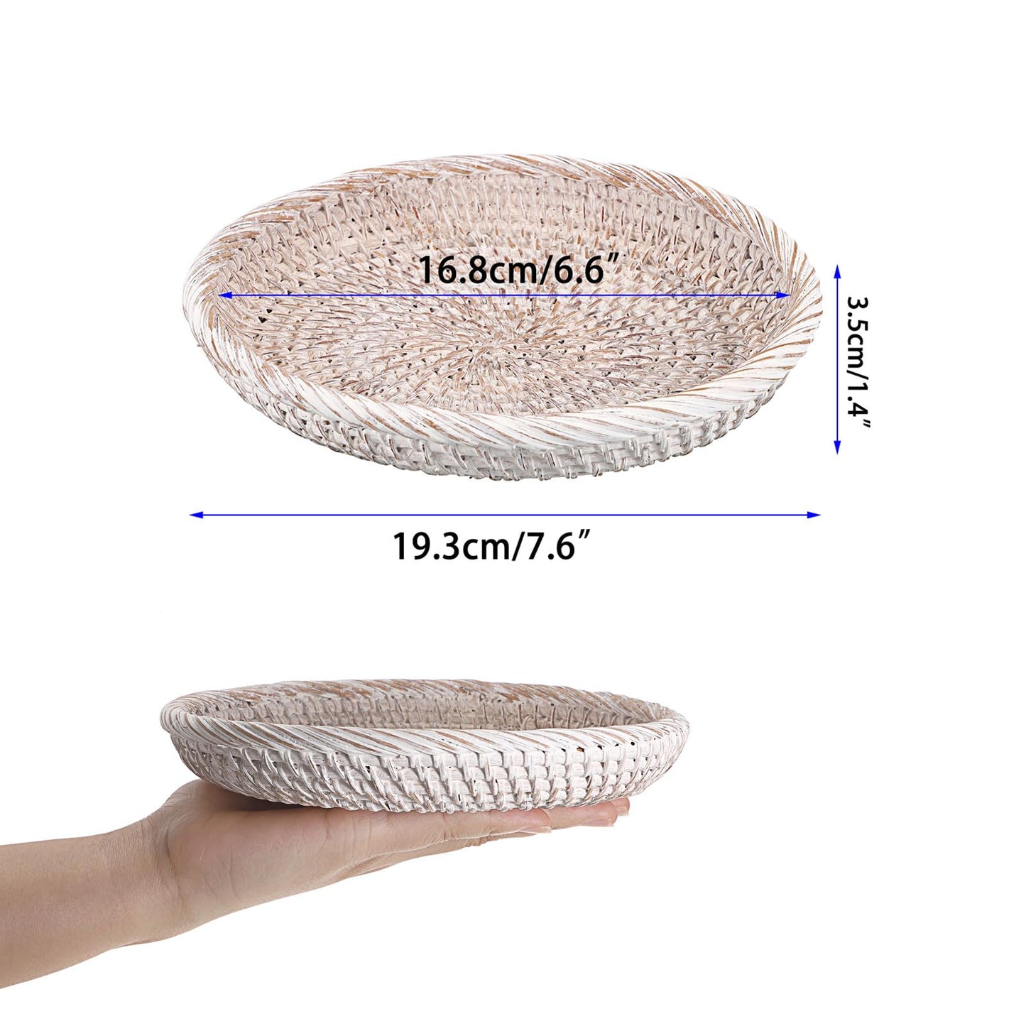 Hipiwe Small Key Basket Bowl for Entryway 7.6" Round Woven Wicker Basket Fruit Serving Tray Woven Basket Wall Decor Rattan Organizer Basket for Keys, Wallet,Whitewash