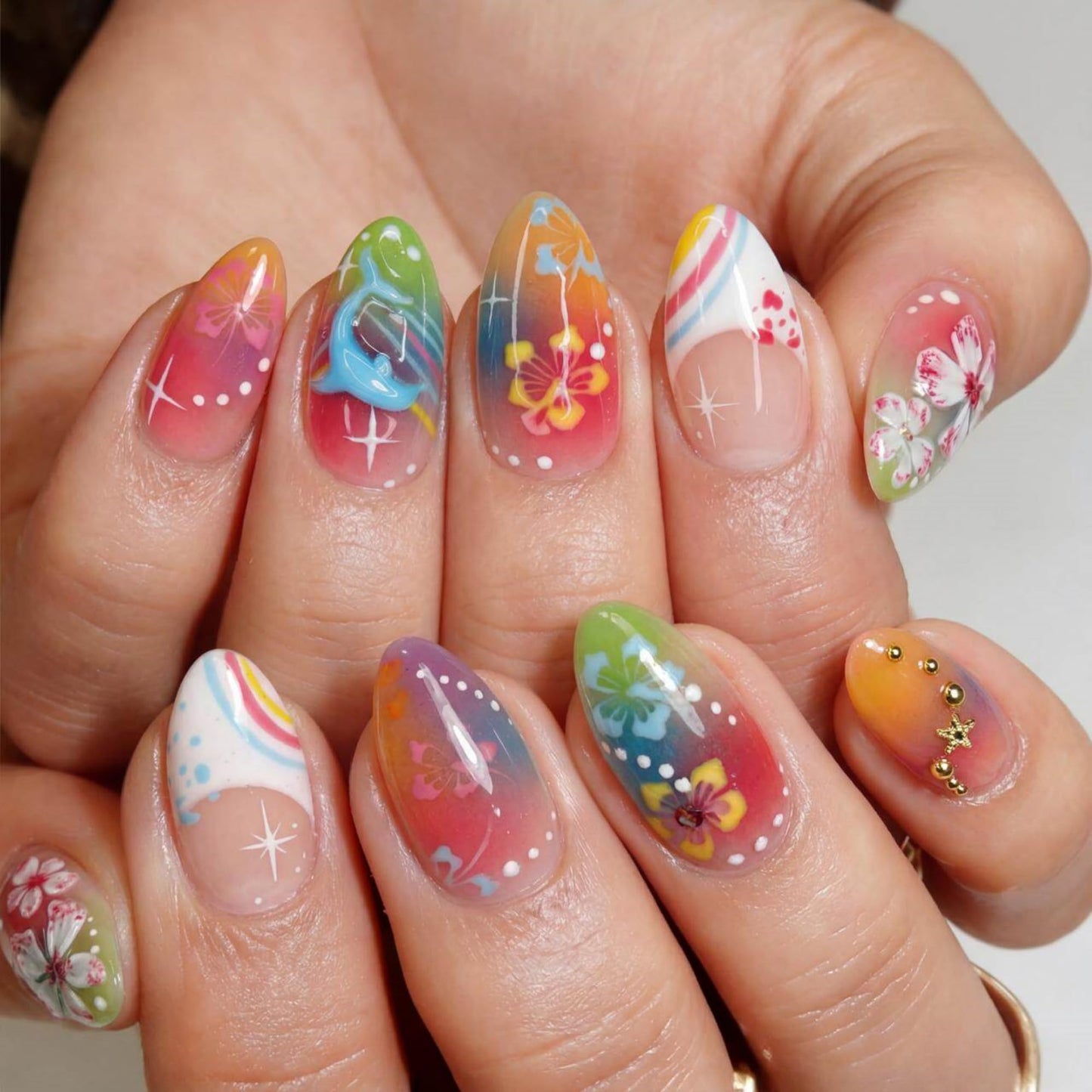 octoswave Long Almond Press on Nails with 3D Flowers, Rainbow & Dolphin Design Vibrant Acrylic Fake Nails for Women, Ideal for Parties, Vacations, Weddings 30Pcs