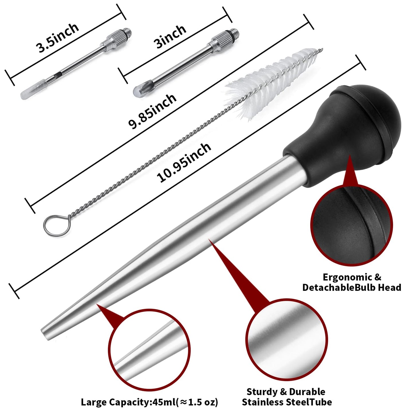 QPMR Turkey Baster With Cleaning Brush, Stainless Steel Baster Tool for Cooking-Baster Syringe for Roaster Turkey, Include 2 Meat Marinade Injector Needles for Thanksgiving
