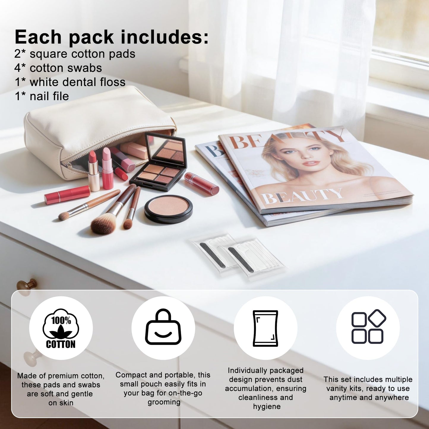 Lomgwumy Bulk Vanity Kits, Hotel Vanity Kits in Individual Packaging, Featuring Cotton Pads, Cotton Swabs, Dental Floss, and Nail Files. Ideal for Travel, Hotels, and Home Use (100-PACK)