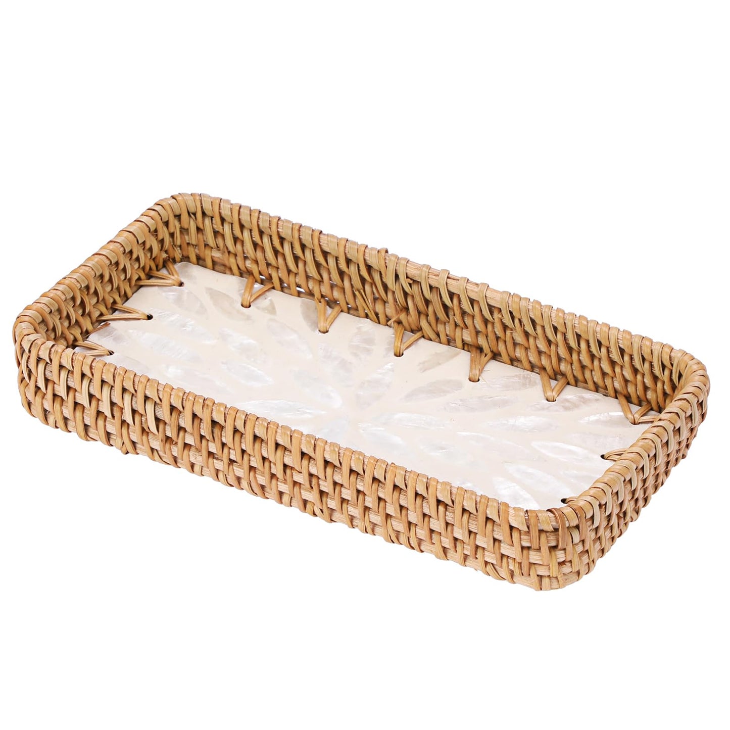 GUSHBIN Decorative Key Basket for Entryway Small Handwoven Rattan Tray Rectangular Key Holder Tray Wicker Basket Organizer for Keys Remote Control Jewelry, White