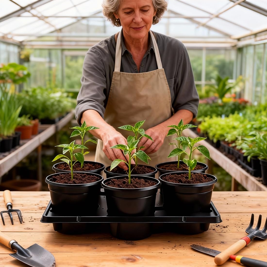 RooTrimmer 6 Inch Plastic Plant Pots 30 Pack and 6 Cell Nursery Pots Trays 5 Pack, Sturdy Seeds Starting Germination Shuttle Carrying Trays, Black Nursery Planting Propagation 5 Sets