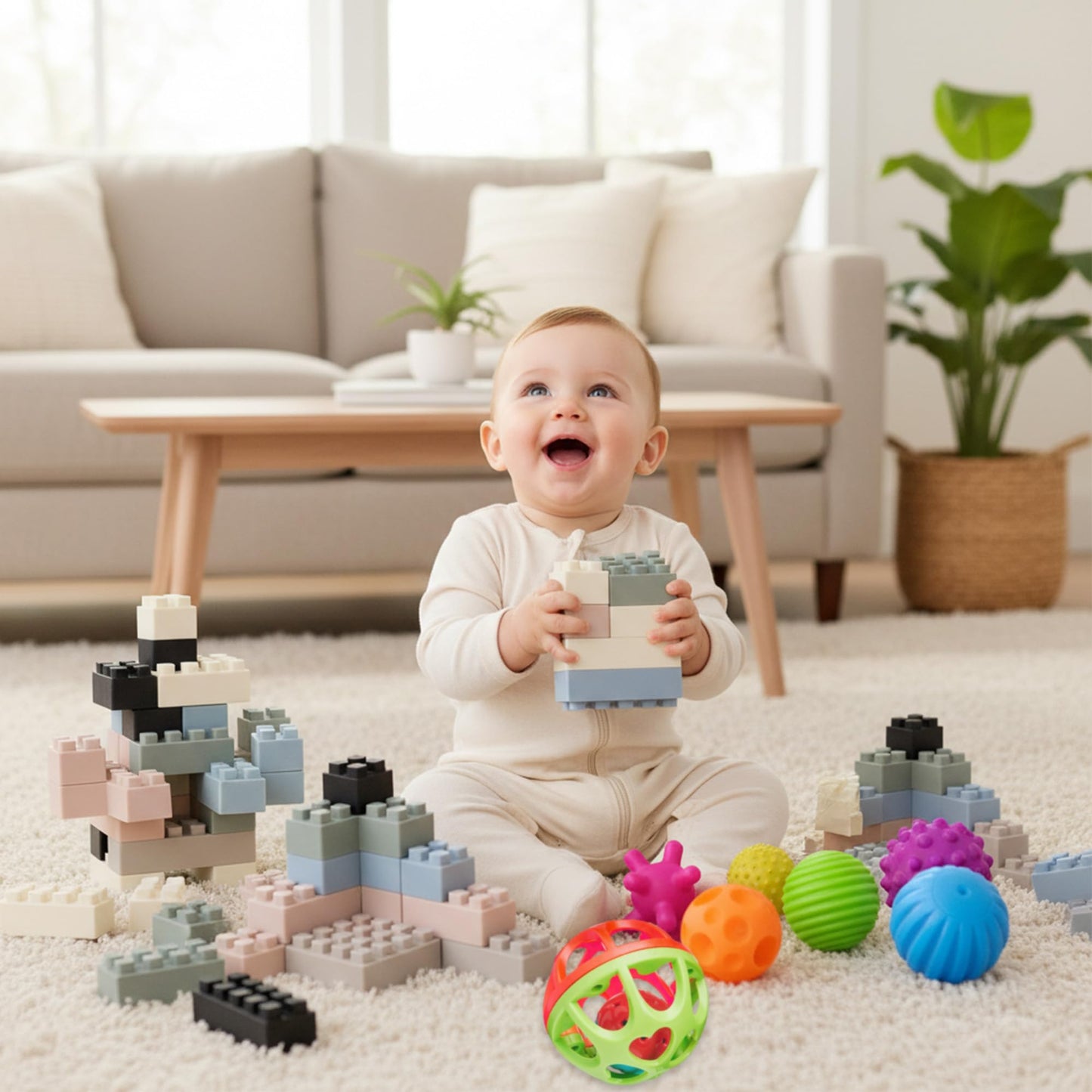 Montessori Toys Bundle – Sensory Balls for Toddlers & Silicone Blocks 24PCS, Multiple Textures Hand Catching Baby Balls, Baby Rattle 3-6 Months, Stacking Soft Blocks for Babies 1-3, Educational Play