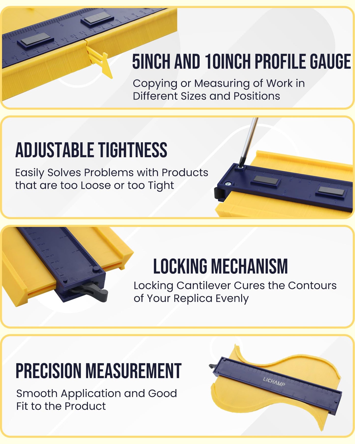 Lichamp Contour Gauge Profile Tool 5" 10" with Miter Saw Protractor Angle Finder 7", Super Gauge Shape and Outline Tool with Aluminum Miter Cut Protractor
