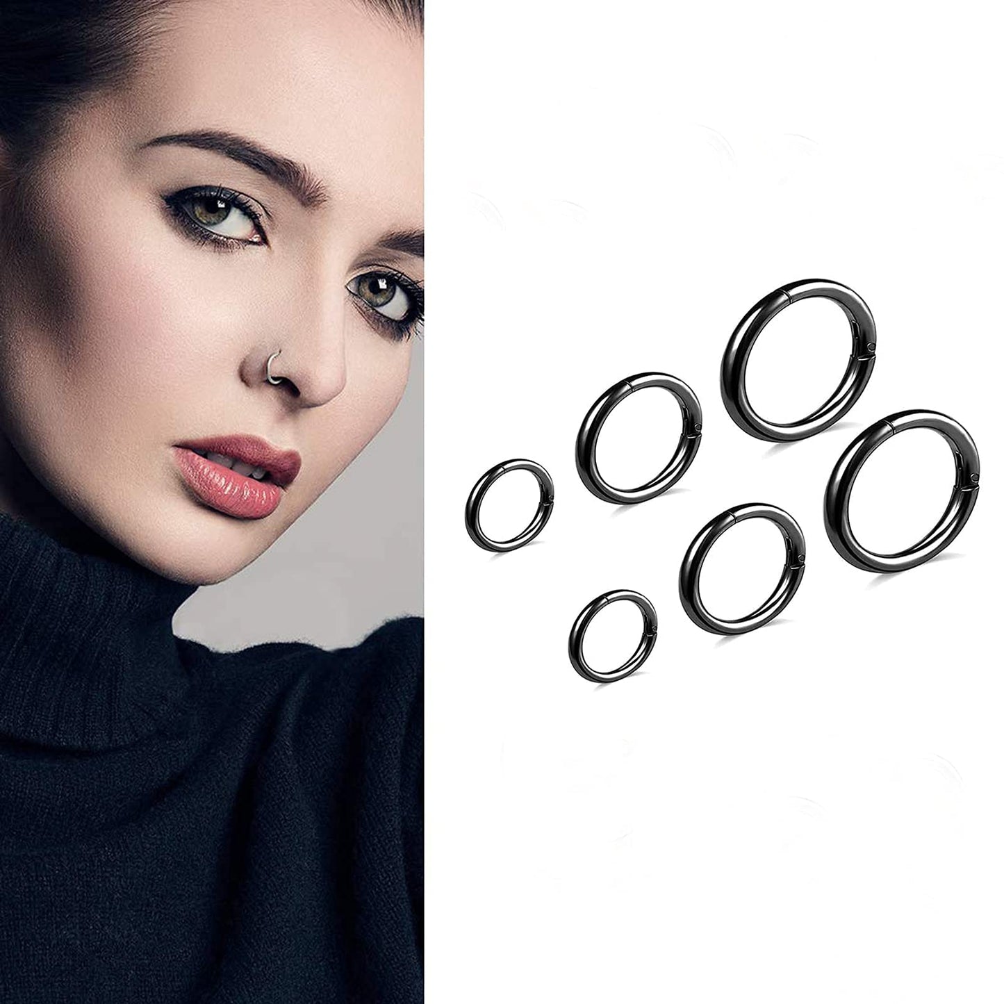BOGKU 6pcs G23 Titanium Septum Rings 16G Diameter 6mm/8mm/10mm Hinged Nose Ring Hoops Cartilage Hoop Earrings Body Piercing Rings Lip Rings