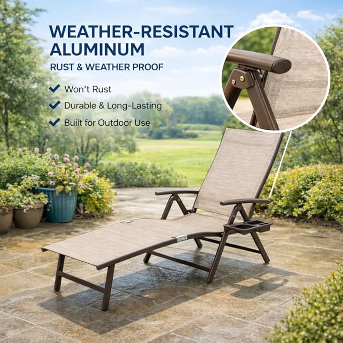 Kozyard Cozy Aluminum Reclining Lounge Chair for Beach, Yard, Pool, Deck, Patio - Outdoor Chaise Lounge with Drink Holder Weather Free Adjustable Assemble-Free Blue Strip Cushion