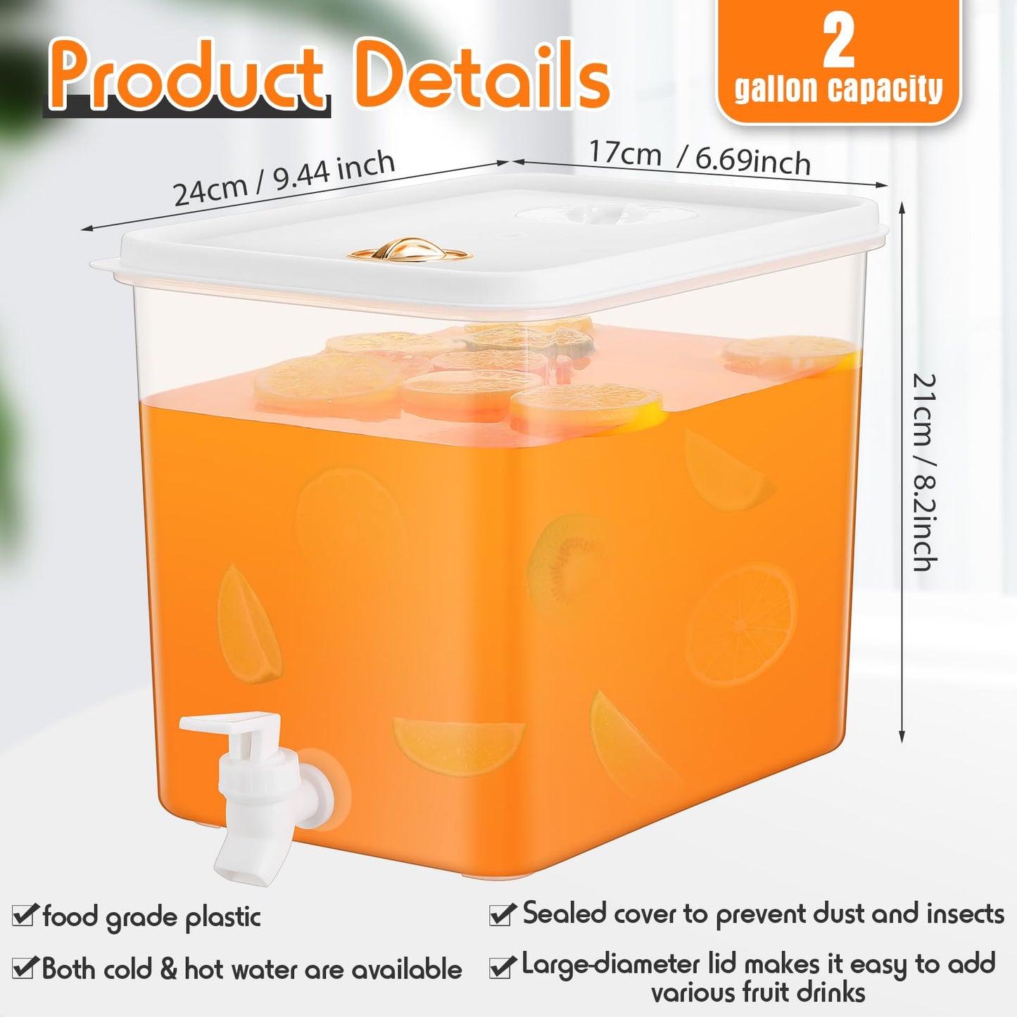 Domensi 2 Pack 2 Gallon Drink Dispenser for Fridge with Spigot Water Dispenser Leak Proof Lids Filter Screen Beverage Juice Container Sealed Plastic Lemonade Milk Cold Hot Drink Tea Jug for Party