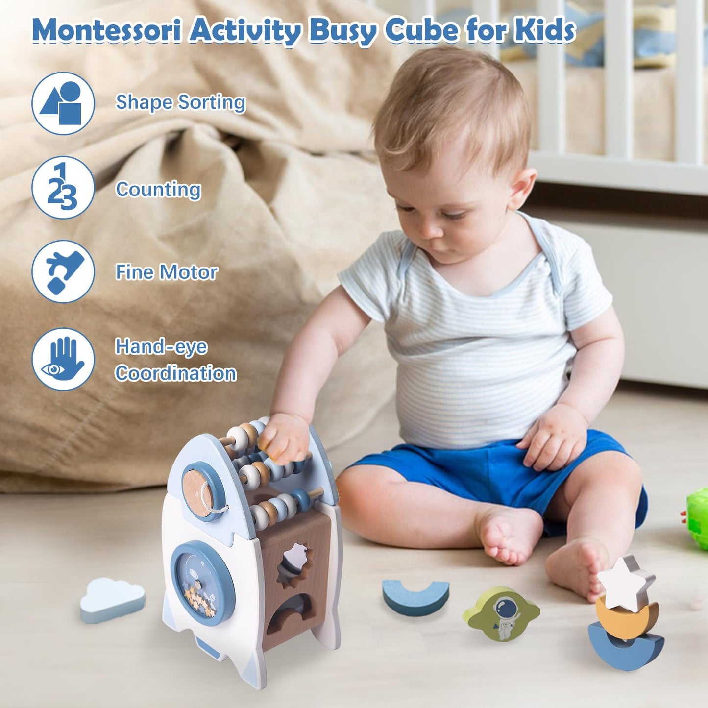Smartwo Double-Sided Montessori Busy Board & Wooden Space Toys