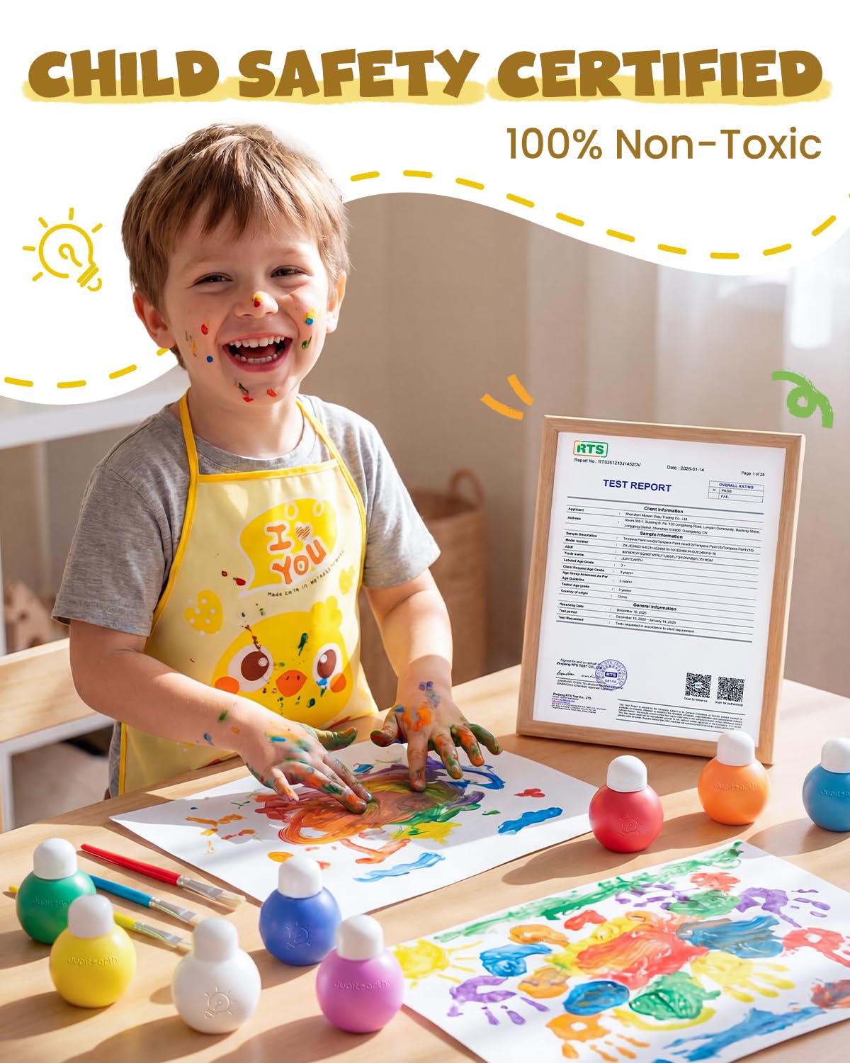 JUPITEARTH 6 Colors Washable Paint Set for Kids Ages 3-6, 4.06oz(120ml), Non-Toxic, Includes Brushes, Cups and Apron, Creative Gift for Toddlers and Preschoolers