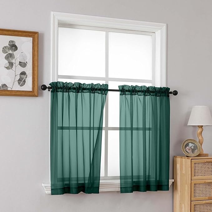 Green Small Sheer Curtains Tier 24 Inches Length 2 Pieces, Light Filtering Cafe Curtains for Living Room Bathroom, Modern Window Treatments Dual Rod Pocket, Hunter Green, 2X42Wx24L Inches