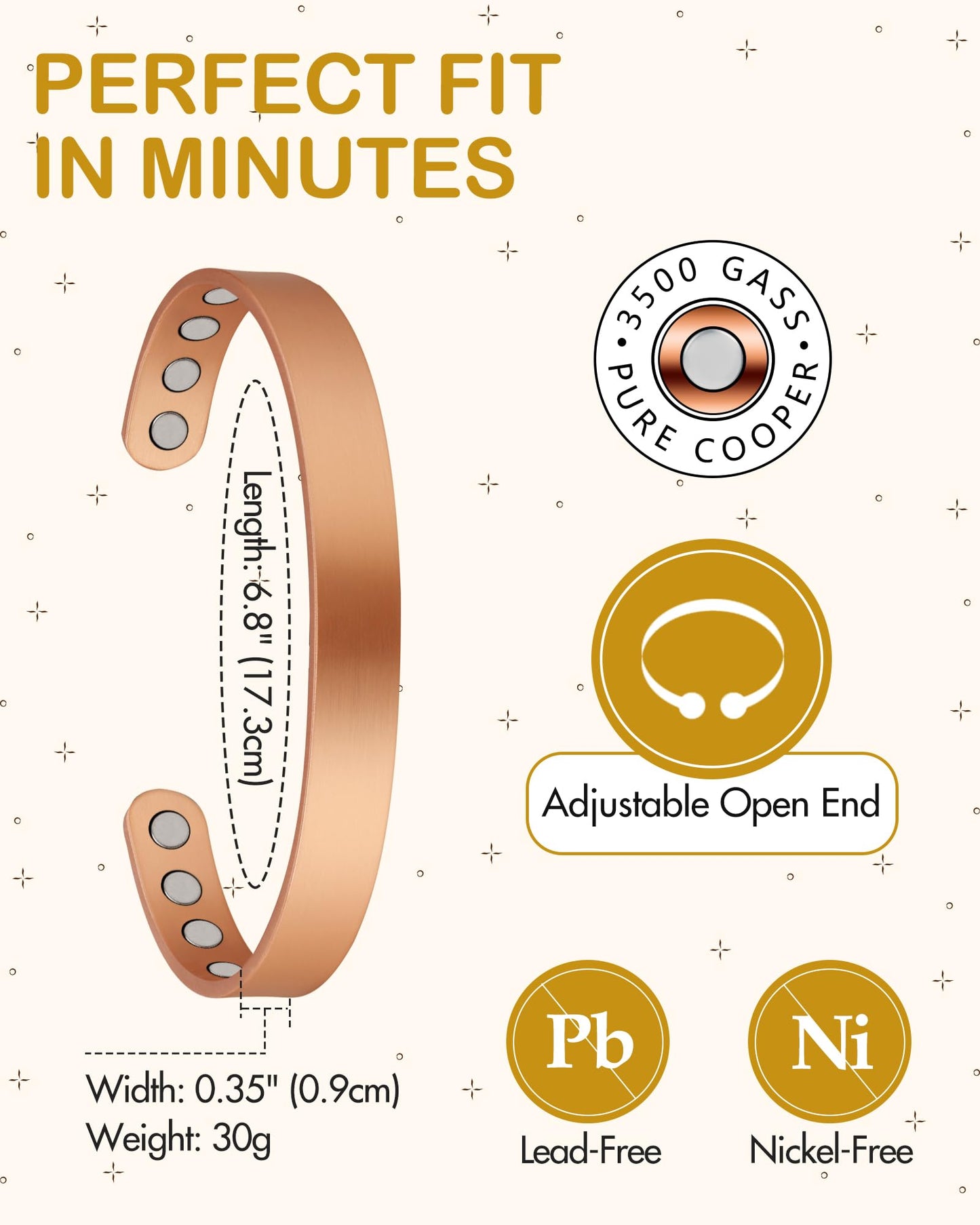 Feraco Copper Magnetic Bracelet for Men Women, 99.99% Pure Copper Cuff Bangle with Strong Neodymium Magnets, Adjustable Jewelry Gifts