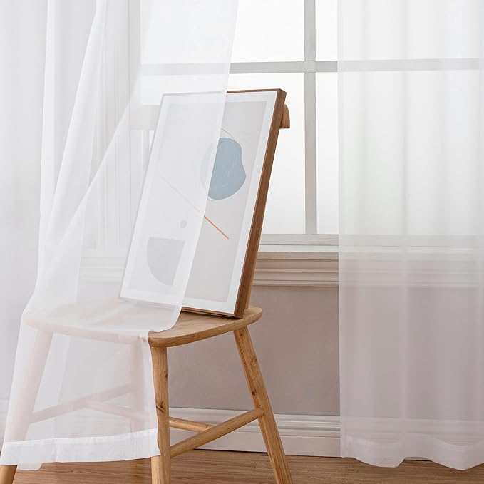 Simplebrand White Sheer Curtains 90 Inches Long, Light Filtering Rod Pocket Solid Color Window Sheer Curtain Panels, Elegant Curtains & Drapes for Living Room, Bedroom 2 Panels (White, 59" W x 90" L)