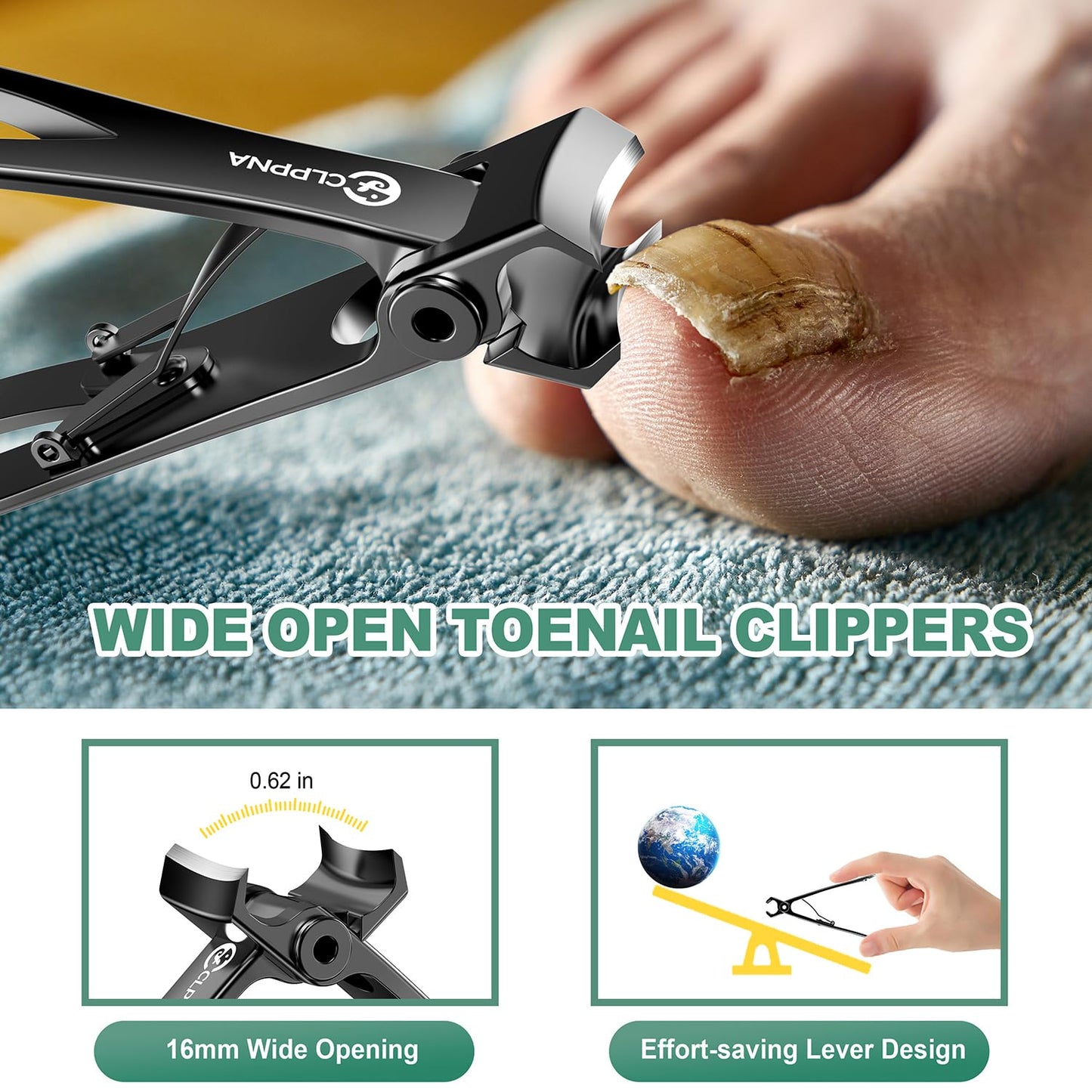 Toenail Clippers for Seniors Thick Toenails, CLPPNA Large Toe Nail Clippers Set for Men with Wide Jaw, Sharp Heavy Duty Ingrown Toenail Clippers Nail Cutter, Long Handle with Slanted Curved Blade