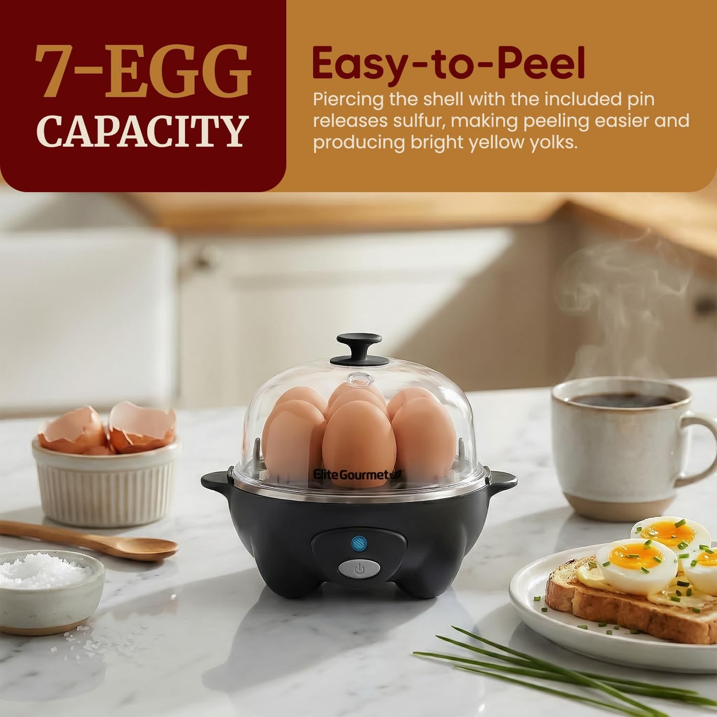 Elite Gourmet EGC-007B# Rapid Egg Cooker, 7 Easy-To-Peel, Hard, Medium, Soft Boiled Eggs, Poacher, Omelet Maker, Auto Shut-Off, Alarm, 16-Recipe Booklet, Black