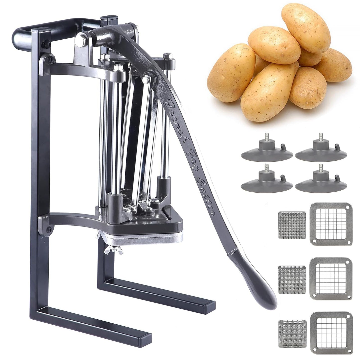 French Fry Cutter Commercial Grade Potato Slicer with Stand Suction Feet Complete Set, Includes 1/4", 3/8", 1/2", 2 Pieces L Stand