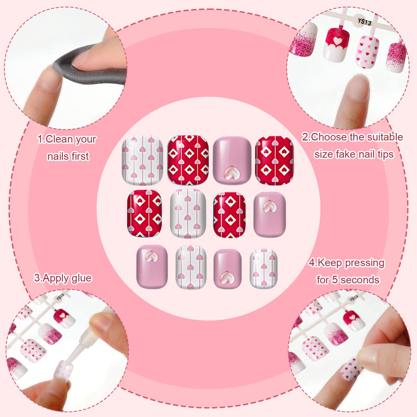 384 Pcs 16 Pack Valentine‘s Day Press on Nails Short Fake Nails Square False Nails Artificial Nail Full Cover Coffin with Rose Pink White Pattern for Women Girls (Romantic Pattern)
