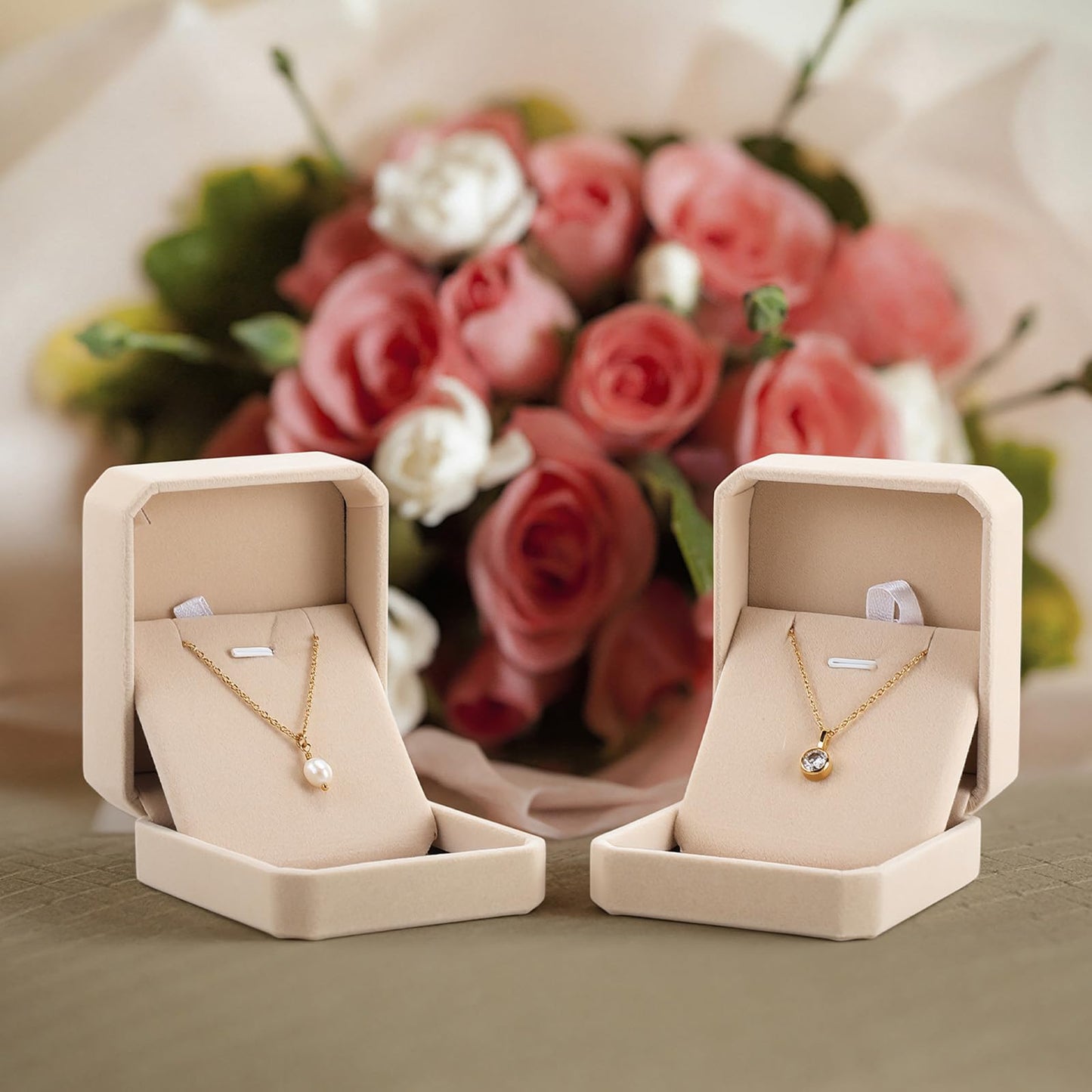Sureio 24 Pcs Velvet Jewelry Gift Boxes Bulk for Necklace Pendant Ring Earring Bracelet Display Case Wedding (Beige)