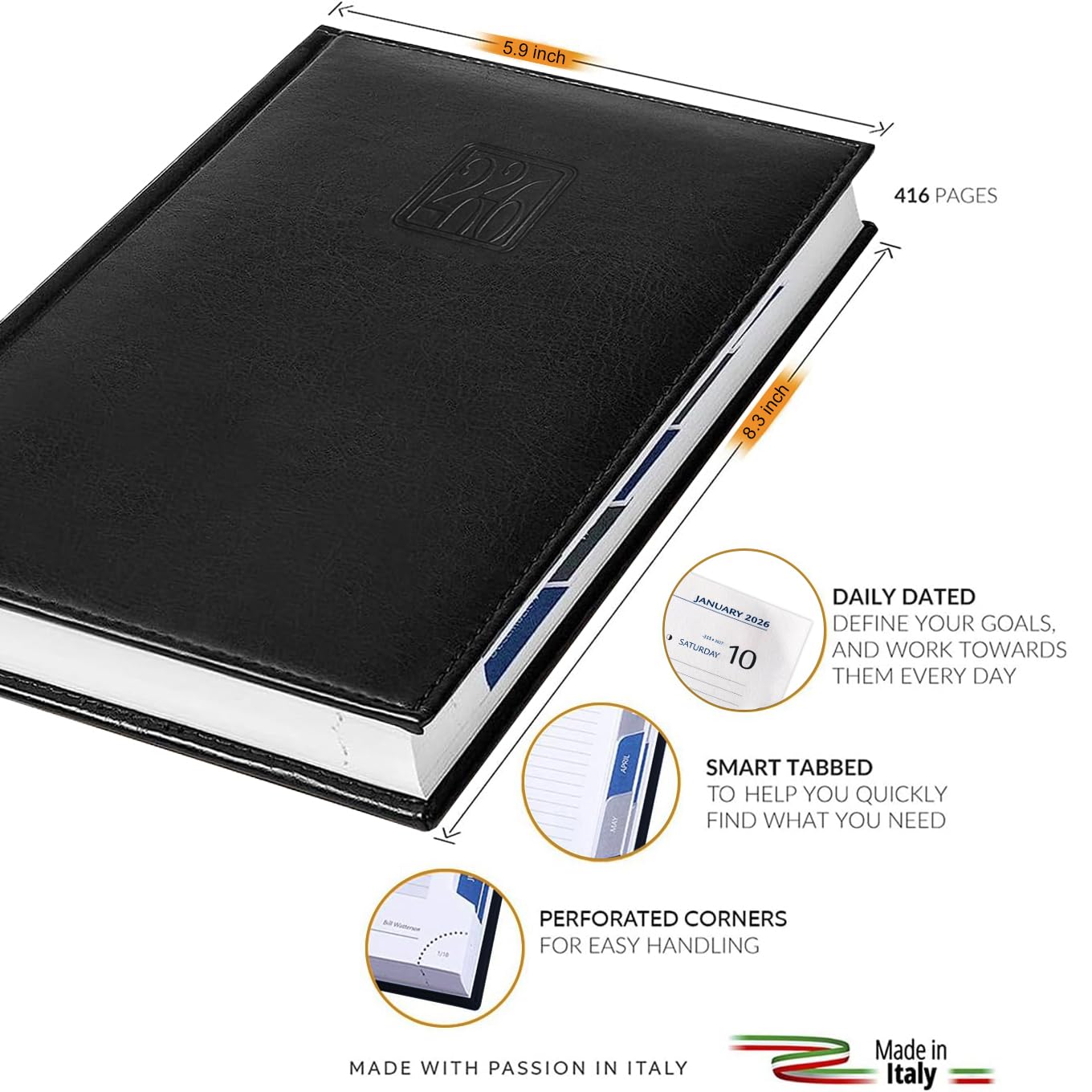 Leather Executive Daily Planner 2026 – A5-Compatible (8.3 x 5.9 in), One Page per Day Hourly Business Agenda, 416 Pages, Monthly Tabs, Hardcover – Made in Italy (BLACK 2026)
