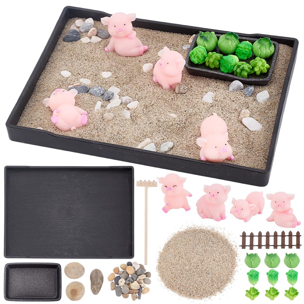 WEBEEDY Zen Garden Kit for Desk,Pig Theme Japanese Zen Sand Garden Box Decor Set with Tray,Sand,Tools for Desktop Meditation Decoration Sandbox Tray Kit Gift,Rectangular(8.3x6.2/21x15.7cm)