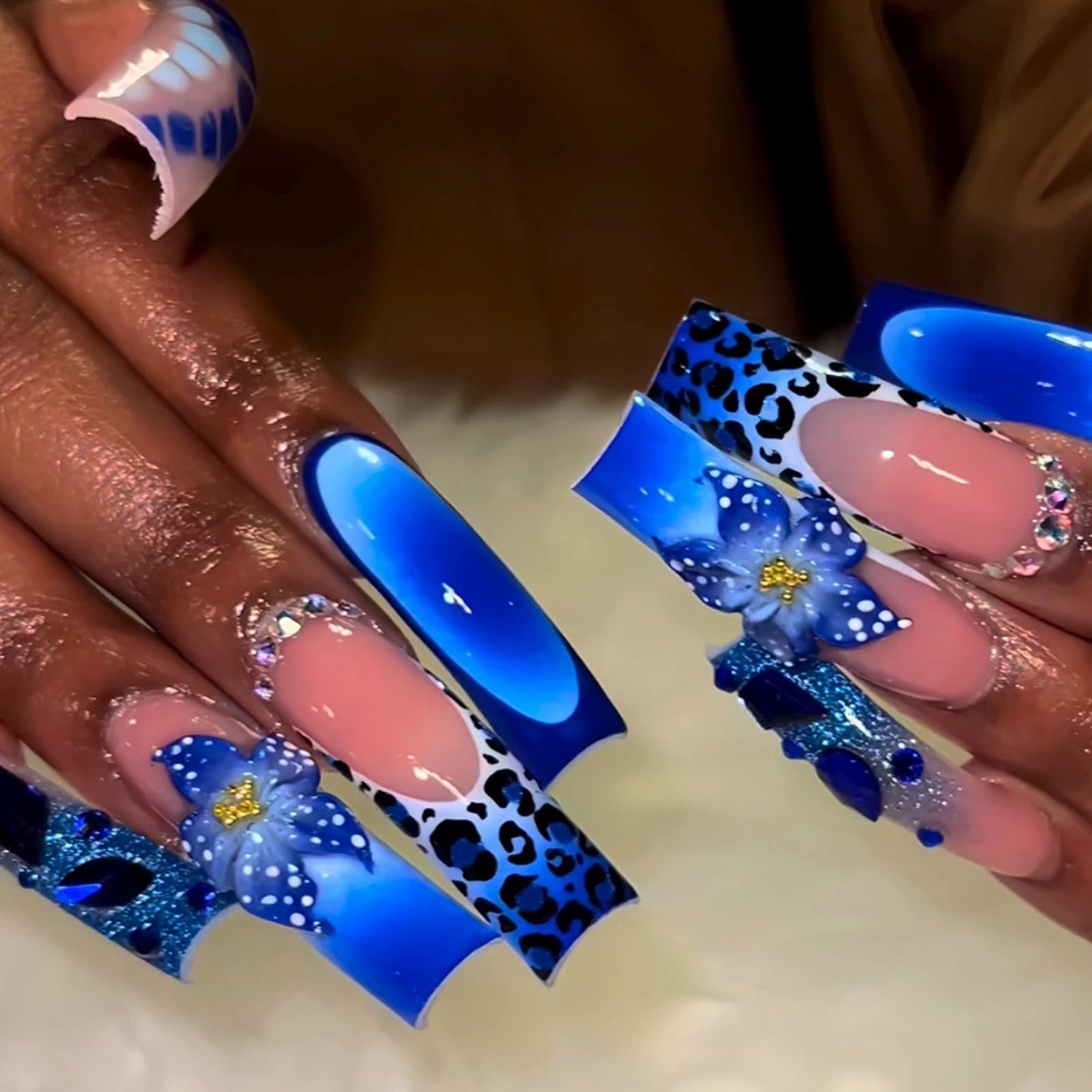 IMSOHOT Blue Press on Nails Curved Long Fake Nails - Leopard Print, Flower, Glitter, Rhinestone, Crocodile Print Designs Square Glossy Full Cover Acrylic False Nails Extra Long Glue on Nails