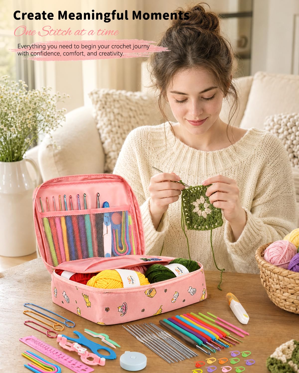 Aeelike Crochet Kit for Beginners Adults, Crochet Kits Include Yarn, 59pcs Crochet Starter Kit for Beginners,Ergonomic Crochet Hooks 2.0-6.0 mm, Lace Steel Needles 0.6-1.9 mm