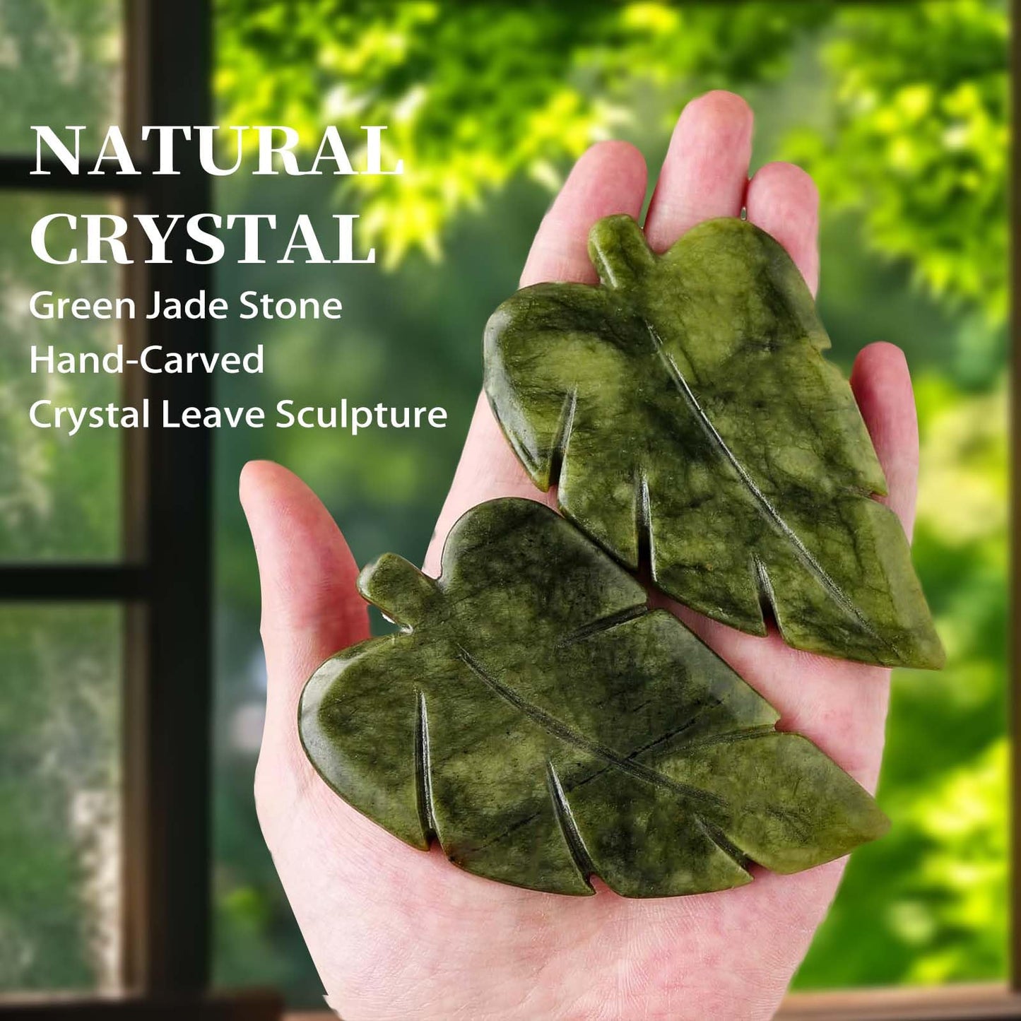 Runyangshi 2PCS Natural Green Jade Stone Hand-Carved Crystal Leaves Sculpture Leaf Shape Crystal Healing Stone Figurines Reiki Gemstone Collection Home Decor Desk Decor