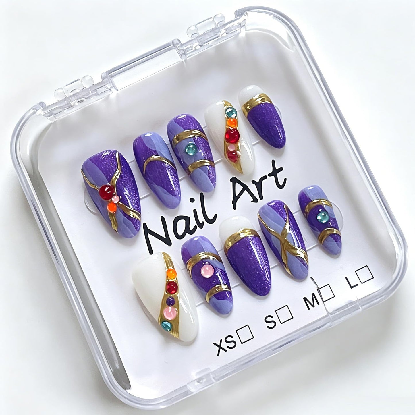 French Press on Nails Almond Handmade, Purple Glitter Metal Gemstone Luxury Romantic Date Style for Women 10 Pcs(Size M)