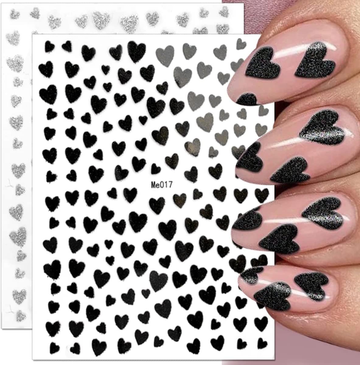 Heart Nail Art Stickers Decals 3D Shiny Glitter Love Hearts Self Adhesive Shining Glitters Powder Effect Valentine's Day Heart Nail Design for Lovers Romantic DIY Nail Decorations Manicure Accessories