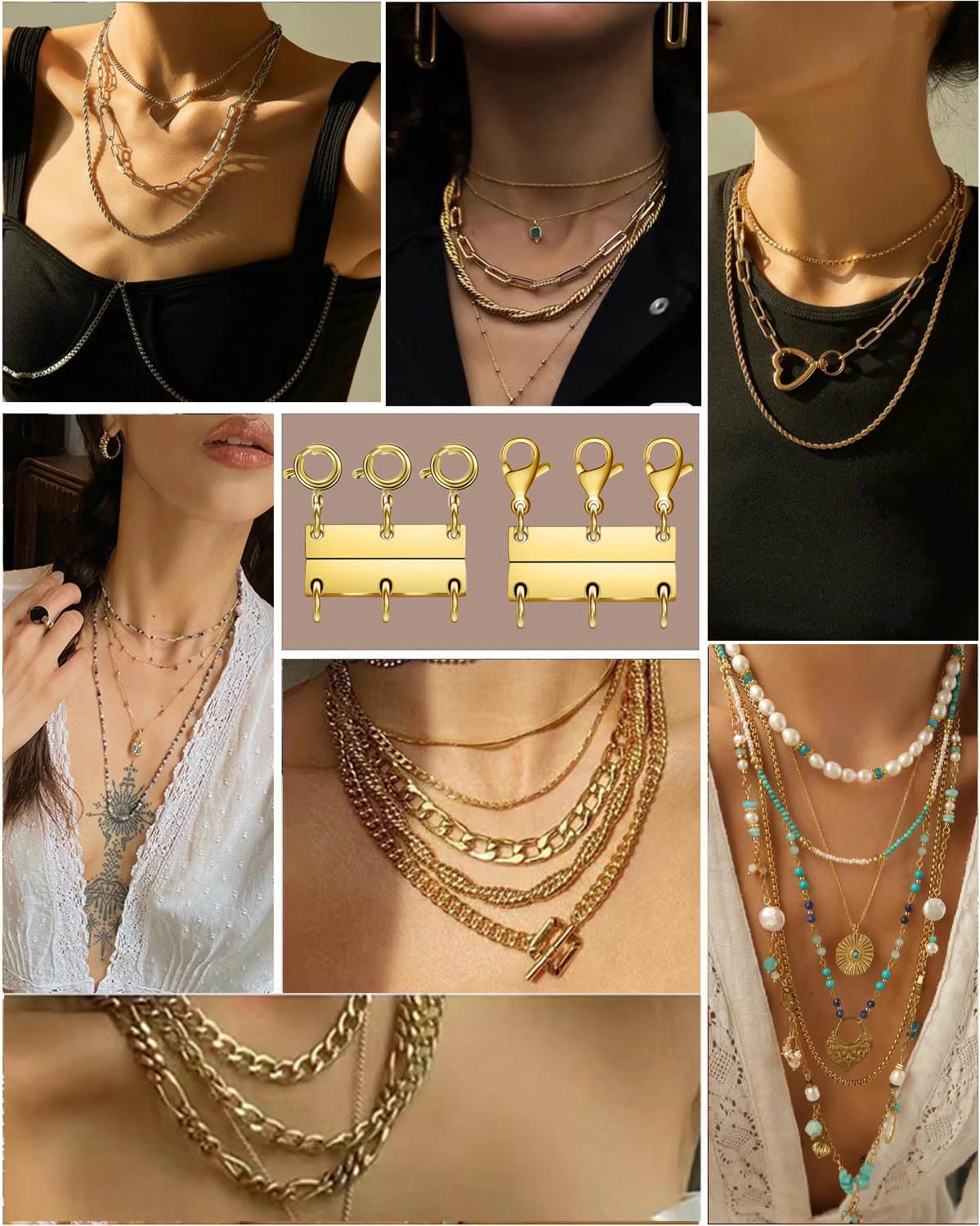 Layering Magnetic Necklace Clasps, Multiple Necklace Clasp,Necklace Clasps for Layered Look，Stainless Steel Chain Link Clasps for Necklaces and Bracelets, Silver, Gold (2silver 3silver B)