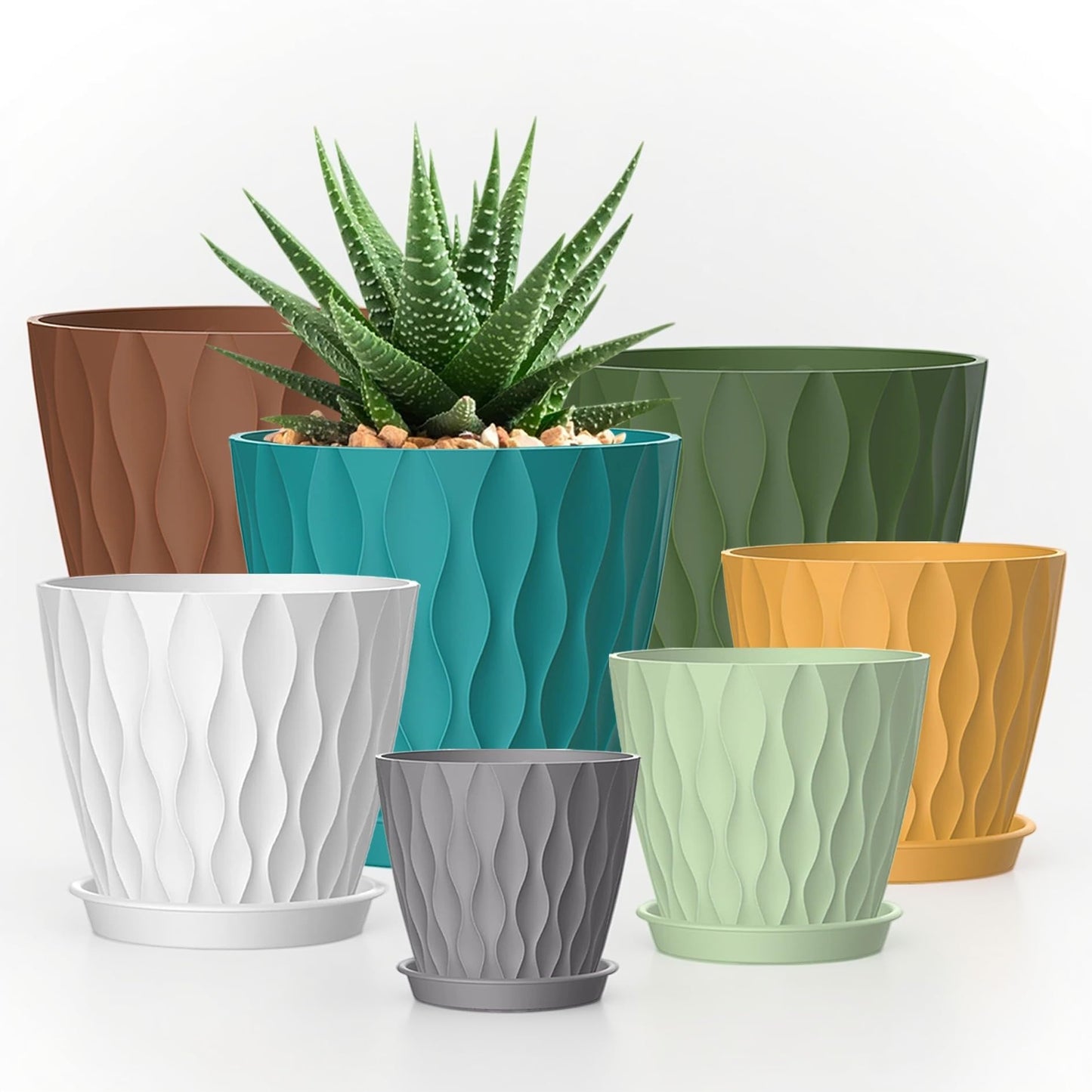 SQKH 4/4.5/5/5.5/6/6.5/7 Inch Plant Pots,7 Pack Flower Pots with Drainage Holes and Trays,Plastic Planters for Indoor Outdoor Plants Growth,Multicolor