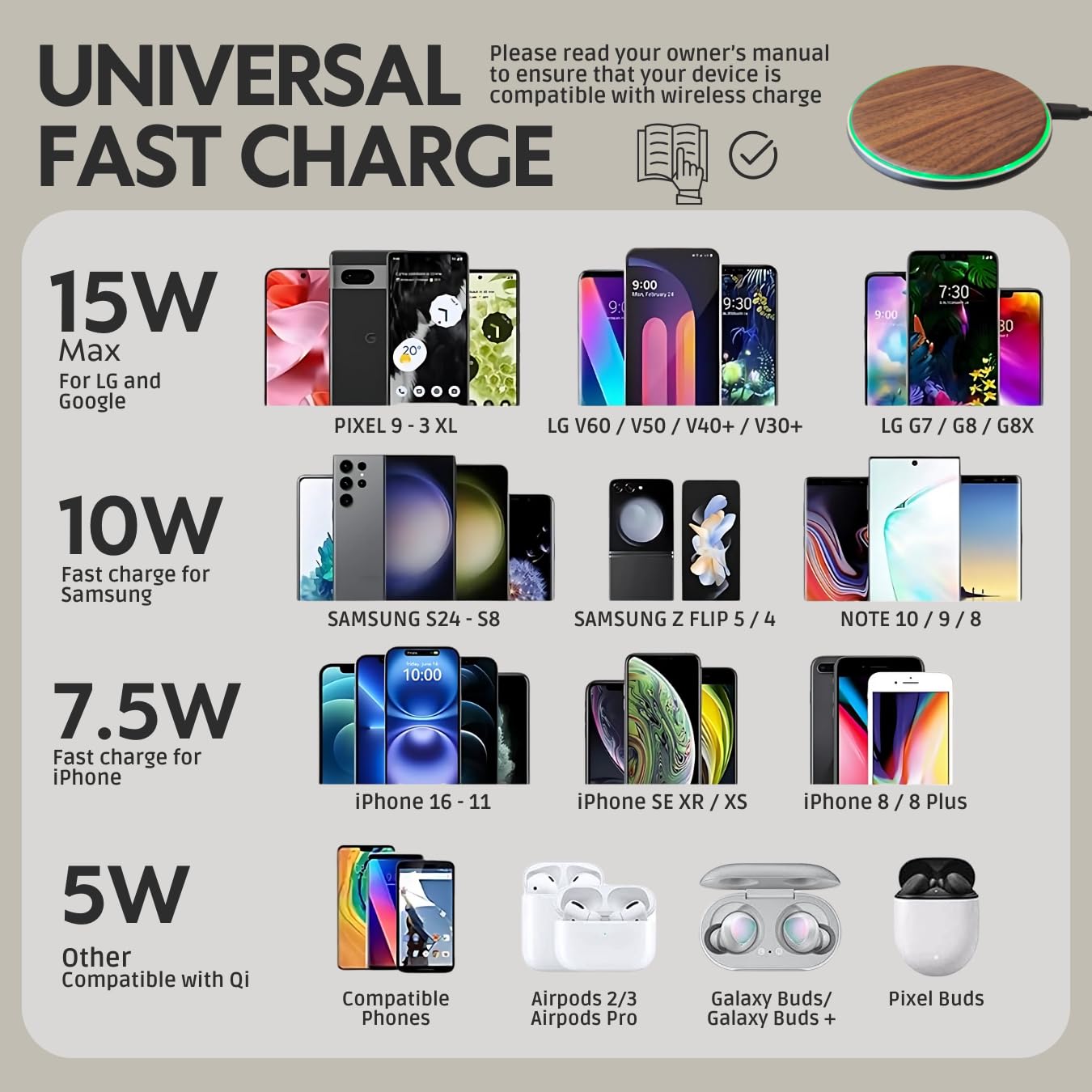 GARCIX 15W Wooden Wireless Charger | Stylish Design Qi Wireless Charger Station | USB Type C Cable | Compatible for iPhone 15 14 13 Pro MAX X Plus, Samsung Galaxy Ultra, Airpods