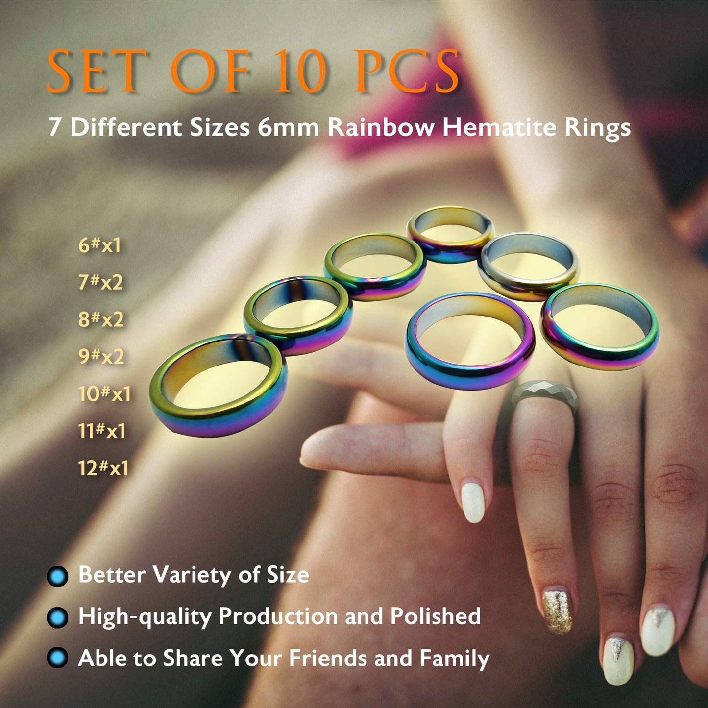 Morchic 10Pcs Pack Rainbow Hematite Stone Rings for Women & Men, Unisex Plain Band Set (6mm Width) - Mixed Sizes 6-12, Chakra Balancing, Polished Gemstone, Gift Ready