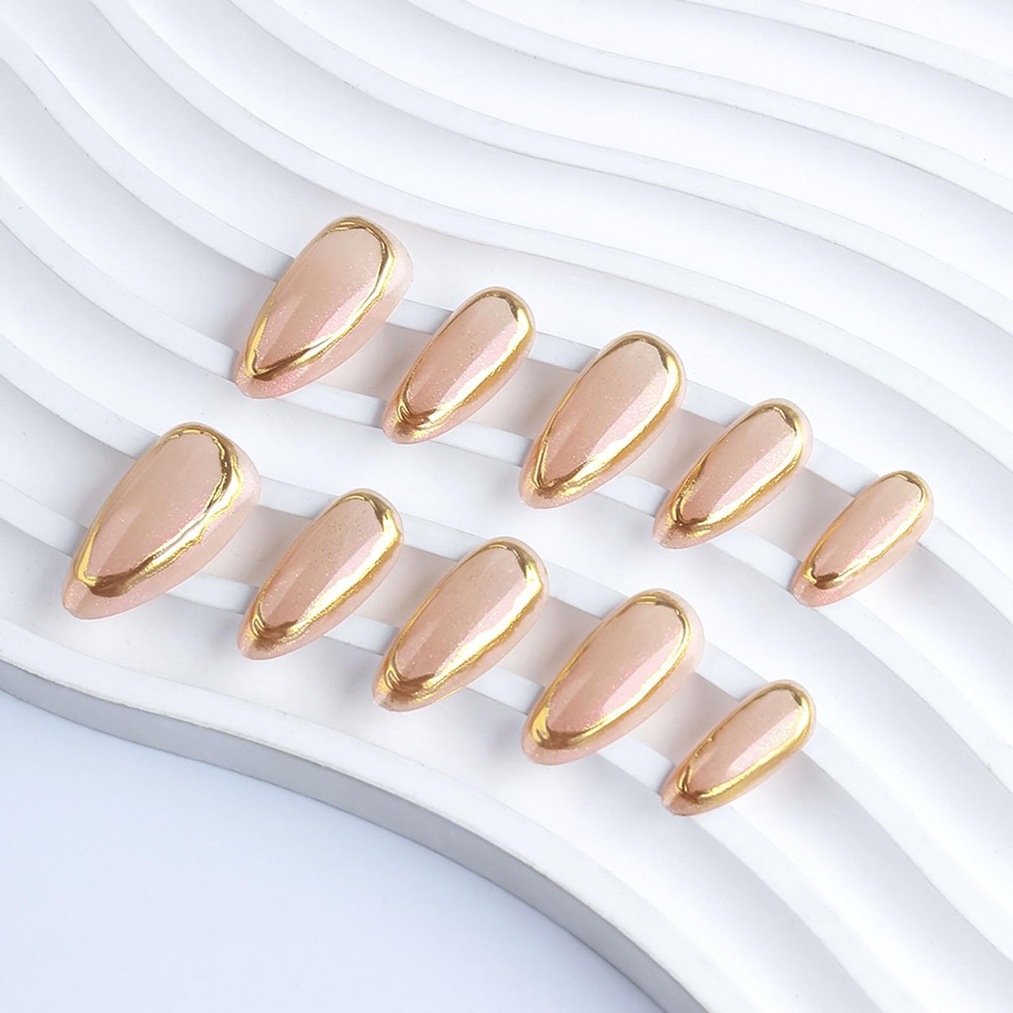 RUOKEXIN Almond Press on Nails French Tip Fake Nails Gold False Nails with Designs Medium Nail Press ons Sparkly Artificial Nails for Women 30Pcs