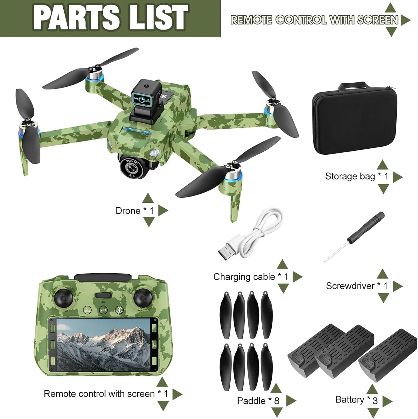 4K GPS Drone with Camera for Adults: Featuring Obstacle Avoidance, 5G FPV Transmission & Brushless Motor, Includes 3 Batteries & Screen Remote Controller in Army Green