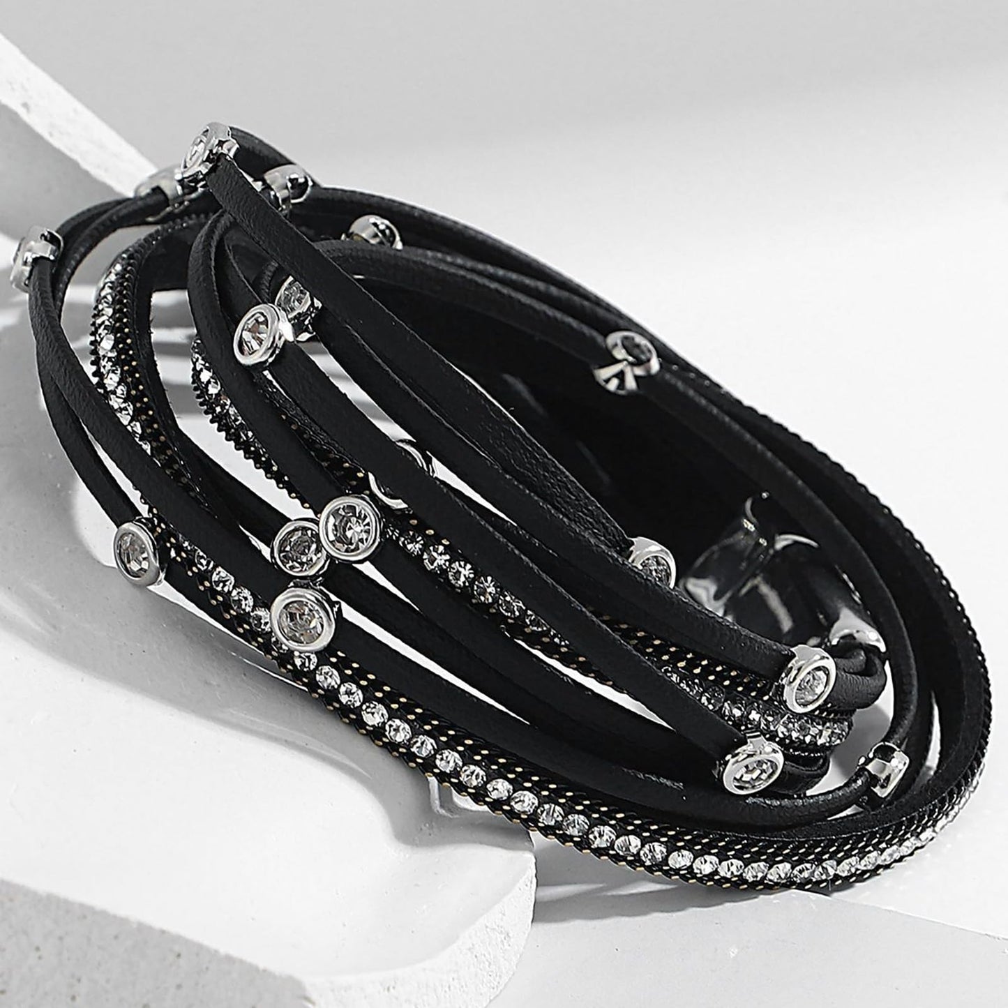 Leopard Bracelet for Women, Boho Leather Wrap Multi-Layer Pearl Crystal Bracelet Bangle Jewelry(Rhinestone(Black))